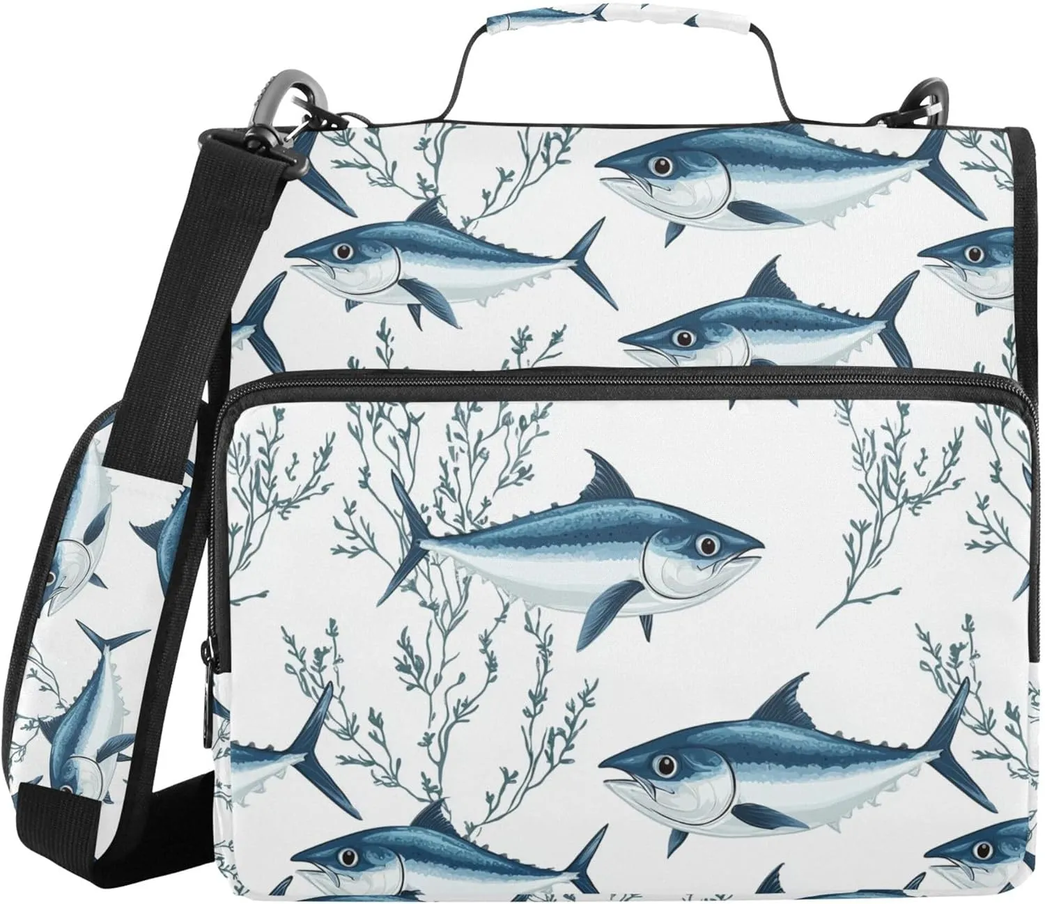 Cartoon Bluefin Tuna White Binder with Extra Pockets with Shoulder Strap Multi-Pocket 1.5 Inch 3 Rings Pencil Bags Portfolio Binder Stationery Supply