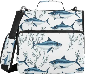 Cartoon Bluefin Tuna White Binder with Extra Pockets with Shoulder Strap Multi-Pocket 1.5 Inch 3 Rings Pencil Bags Portfolio Binder Stationery Supply
