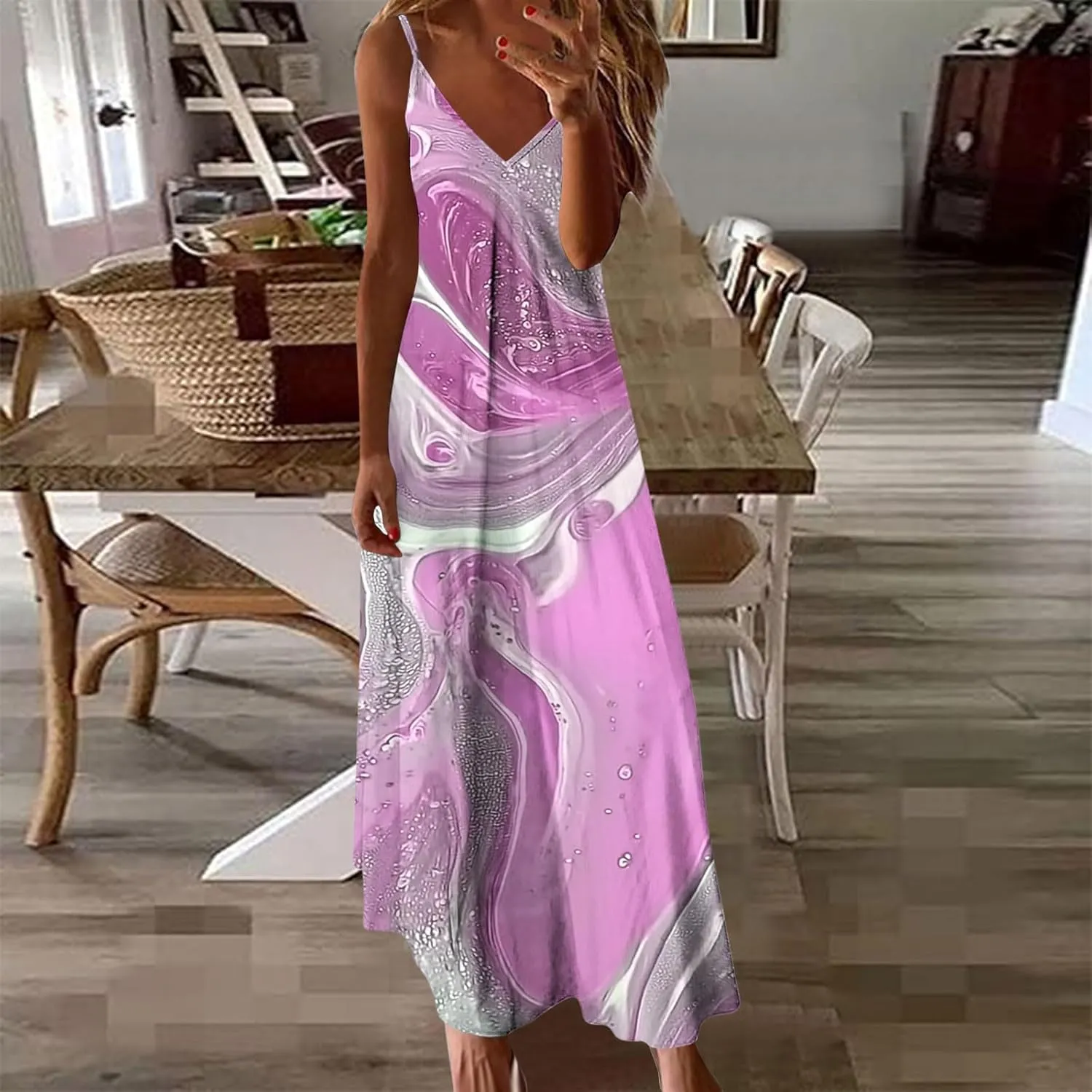 Casual Maxi Skirts for Women Summer Flower Prints A-line Long Dress Comfy Straps V Neck Dresses Daily Outdoor Wear