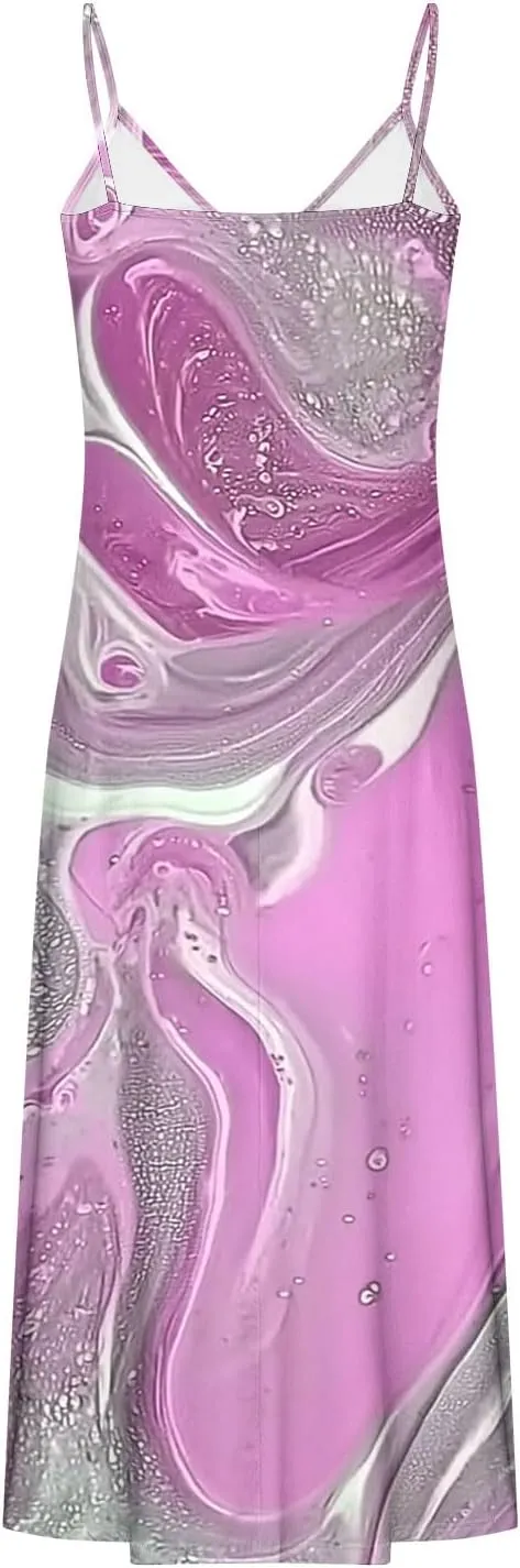 Casual Maxi Skirts for Women Summer Flower Prints A-line Long Dress Comfy Straps V Neck Dresses Daily Outdoor Wear