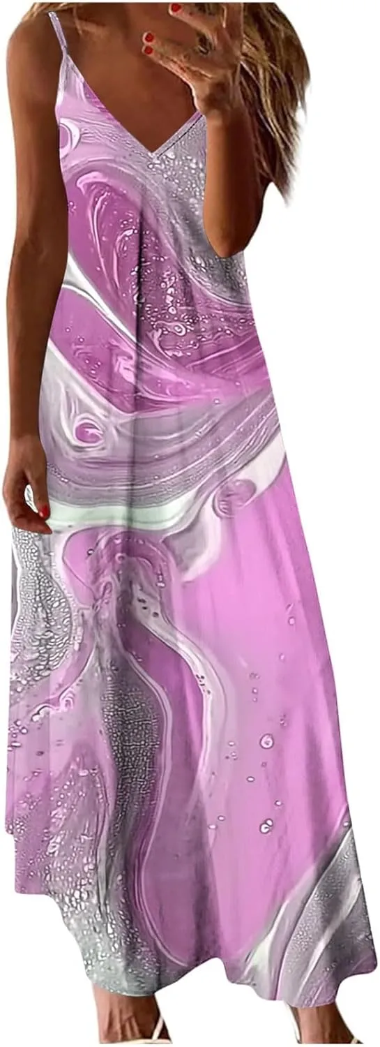 Casual Maxi Skirts for Women Summer Flower Prints A-line Long Dress Comfy Straps V Neck Dresses Daily Outdoor Wear