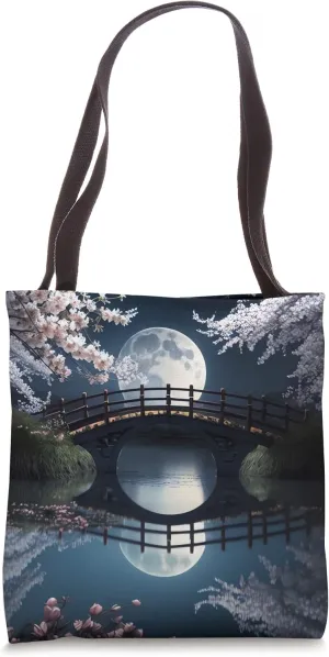 Celestial Serenade Harmonious Moon and Cherry Blossom Dance Tote Bag