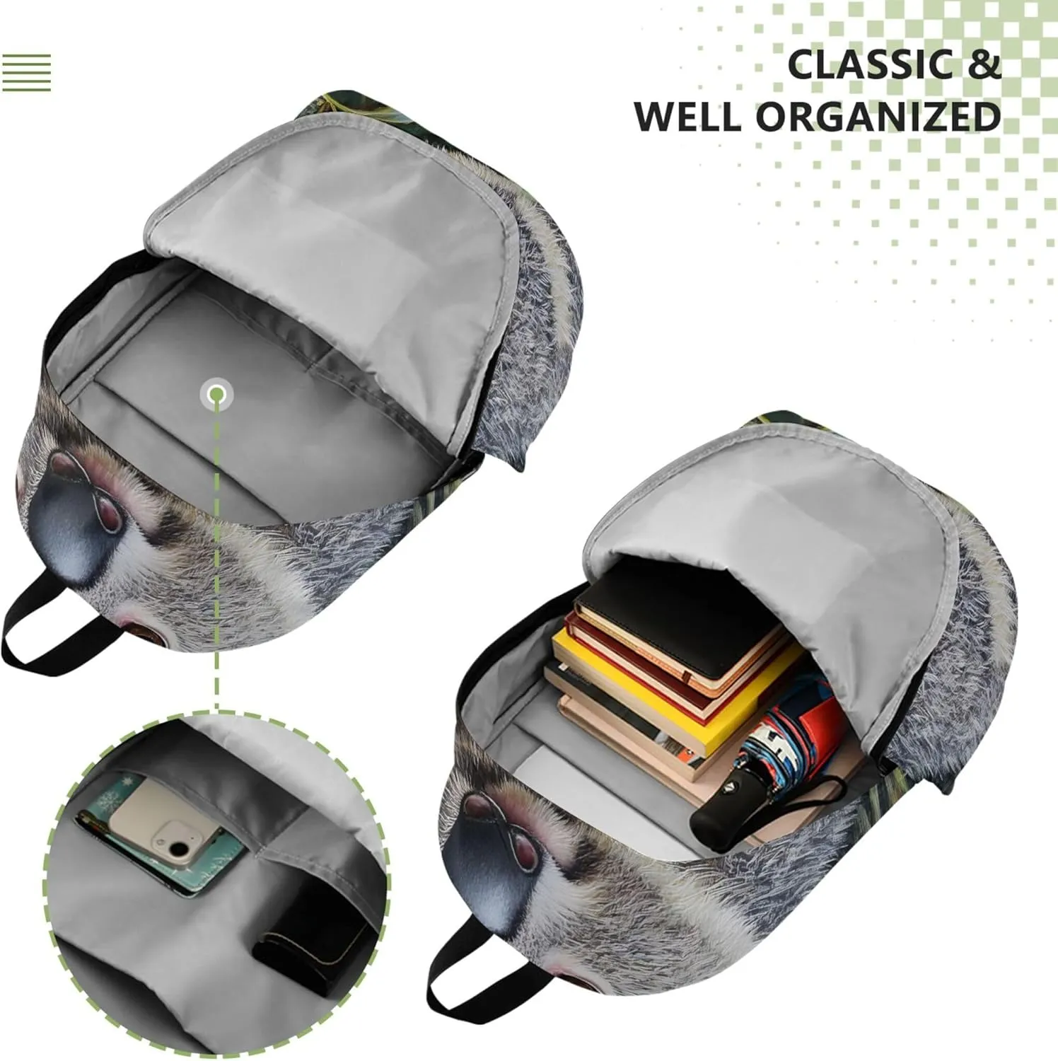 CHIFIGNO Cute Koala Green Leaves Cute Backpacks for Women Casual Fashion Back to School Bookbag