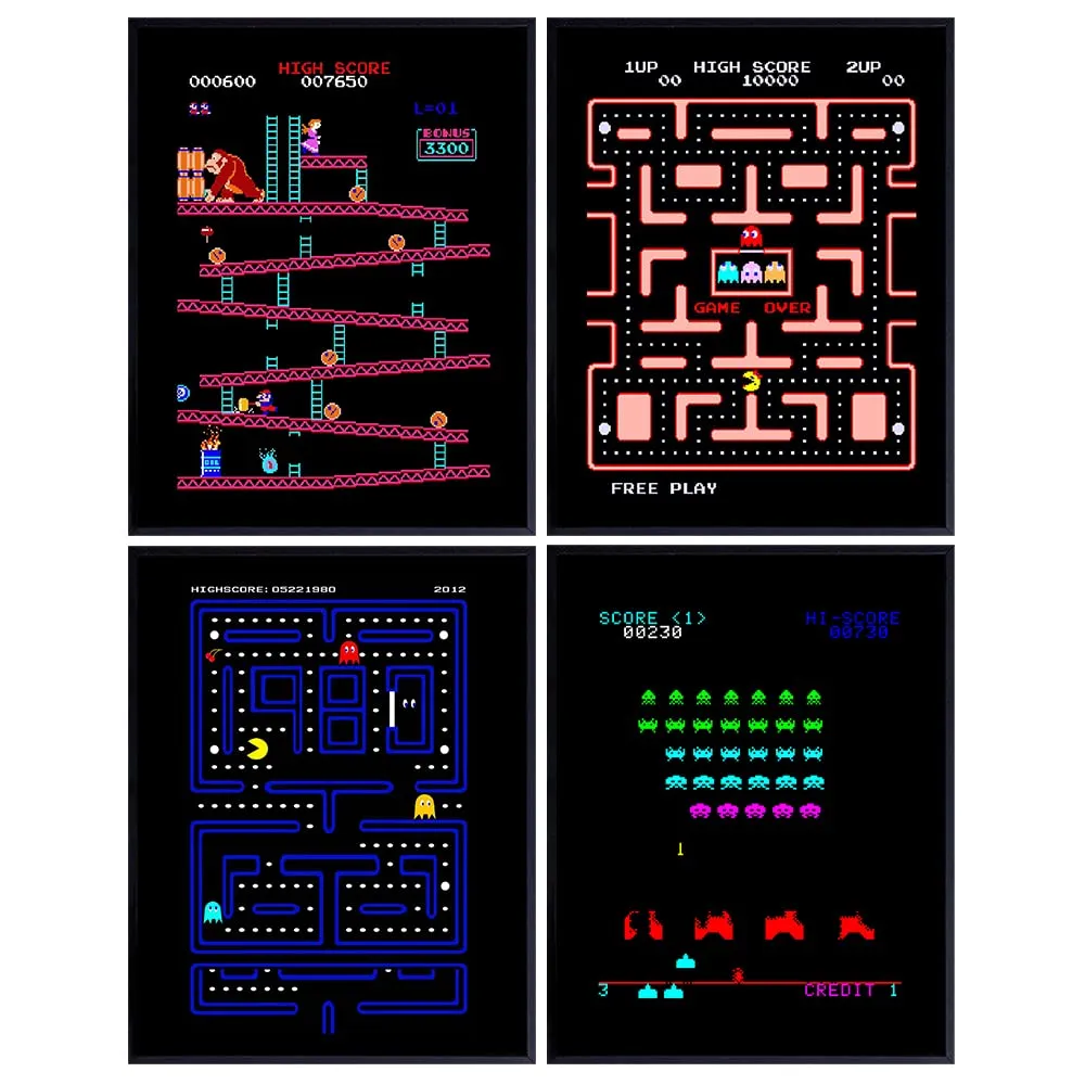Classic Arcade Games Wall Art Prints - Arcade Decor - 8x10 Set for Man Cave, Den, Family Room, Bar, Bedroom - Gift for Gamers, Video Game, Pacman, Ms Pacman, Donkey Kong, Space Invaders Fans