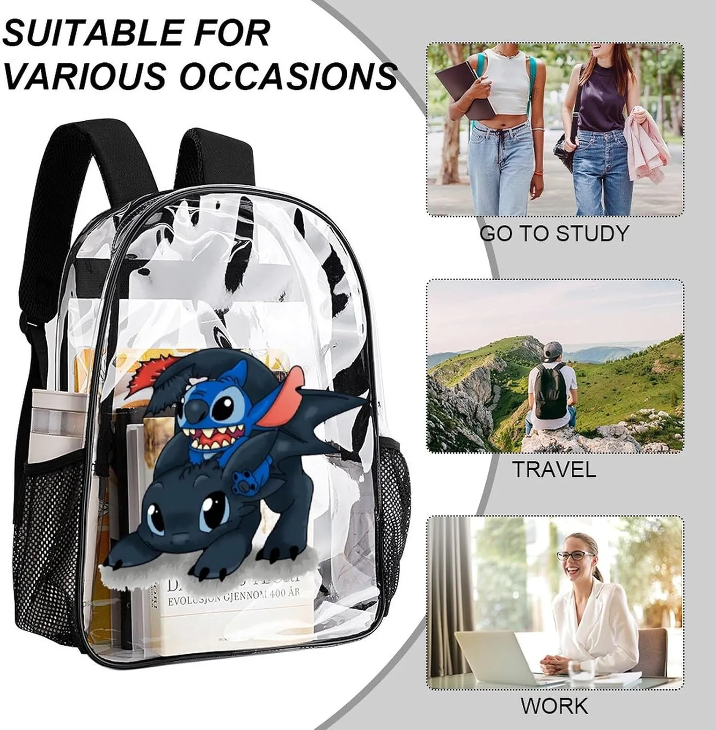 Clear Backpack Heavy Duty PVC Transparent Cartoon Dragon Backpack 17" Large Capacity See Through Bag for Travel