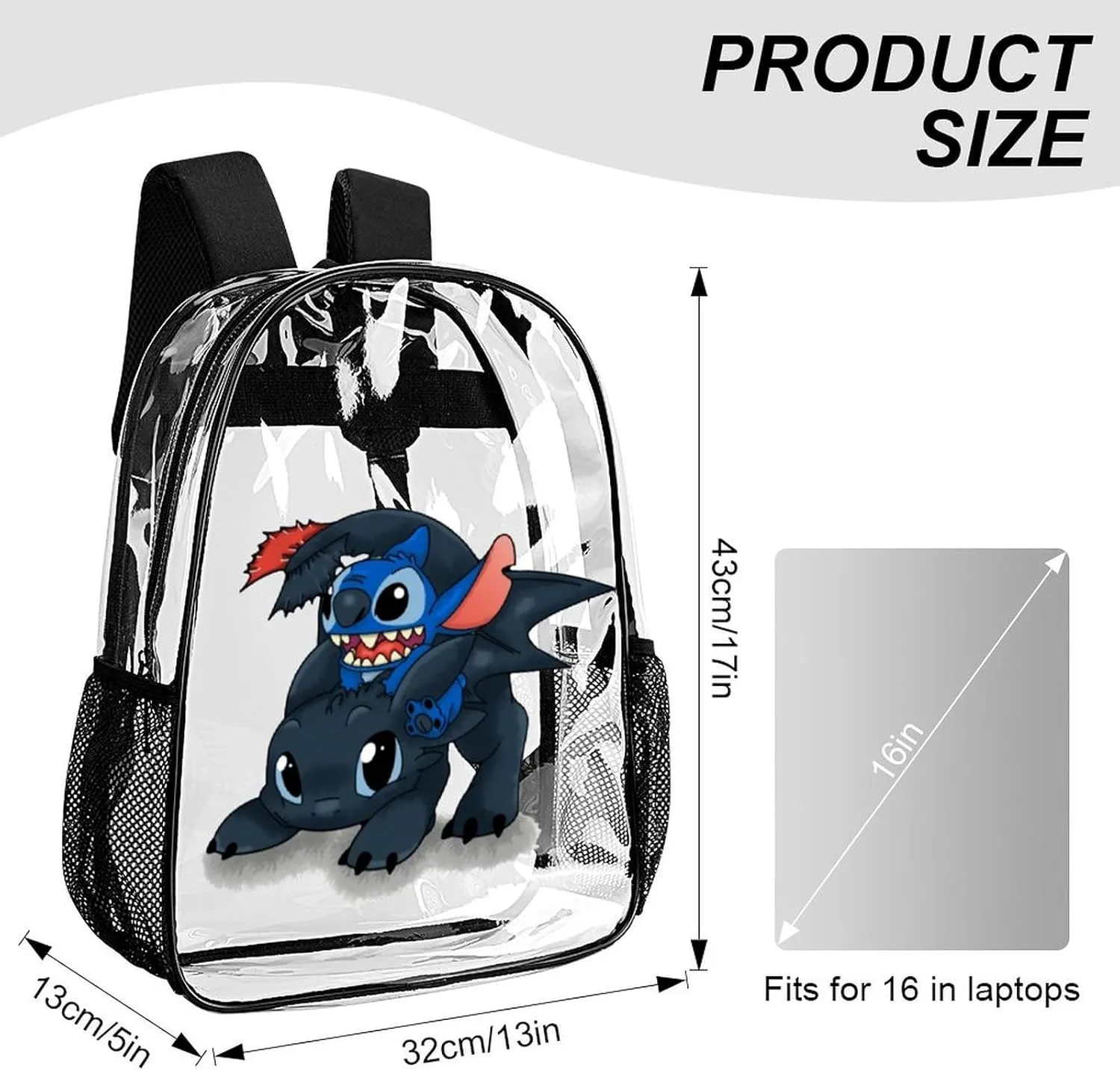 Clear Backpack Heavy Duty PVC Transparent Cartoon Dragon Backpack 17" Large Capacity See Through Bag for Travel