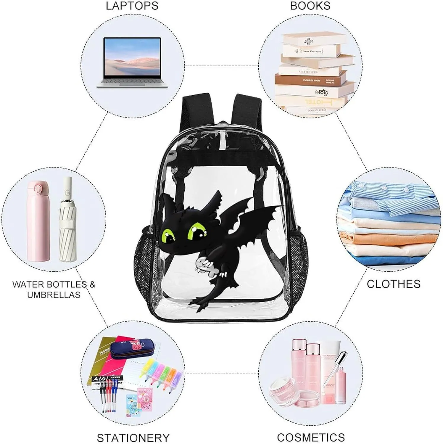 Clear Backpack Heavy Duty PVC Transparent Cartoon Dragon Backpack 17" Large Capacity See Through Bag for Work