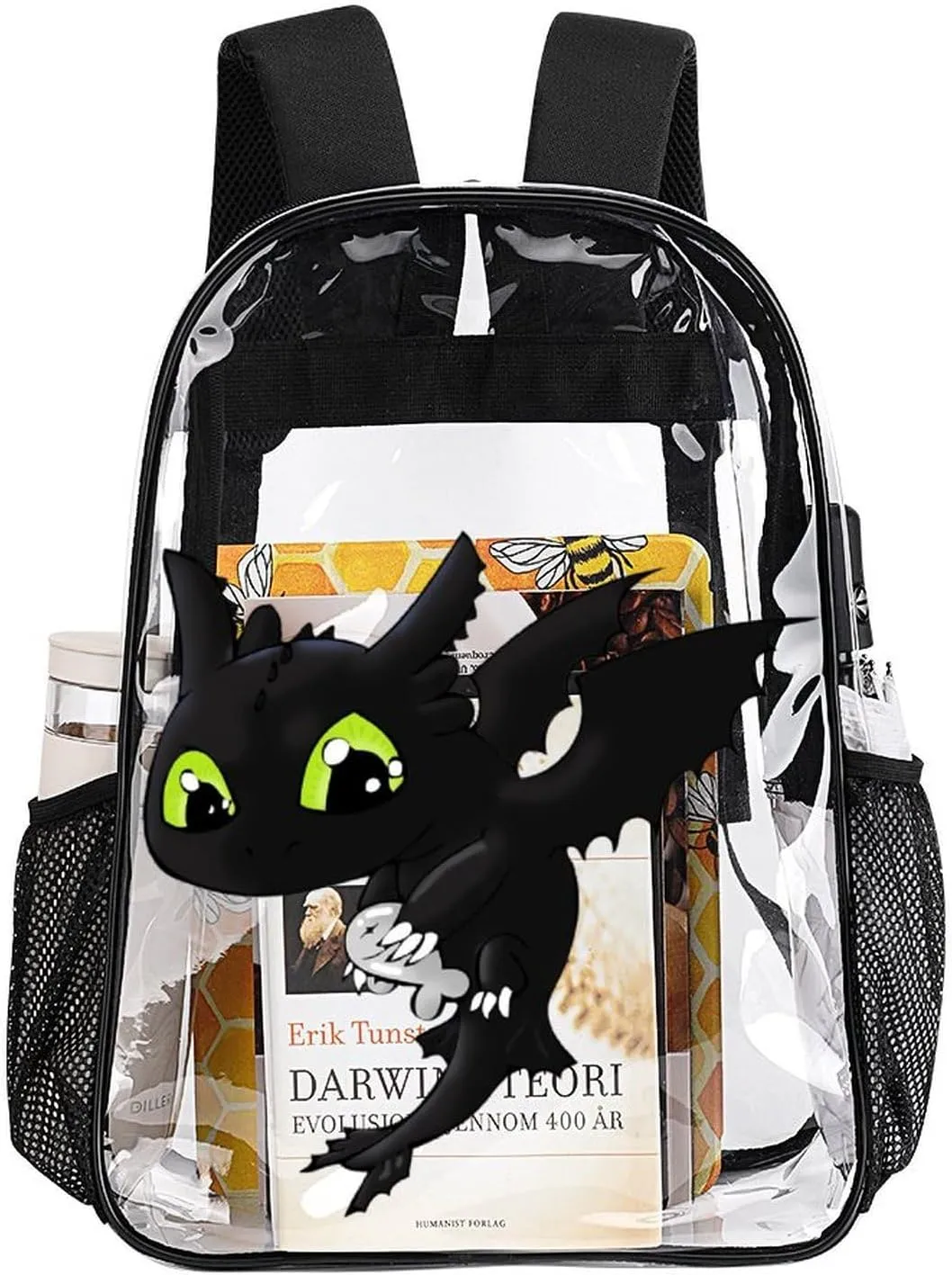 Clear Backpack Heavy Duty PVC Transparent Cartoon Dragon Backpack 17" Large Capacity See Through Bag for Work
