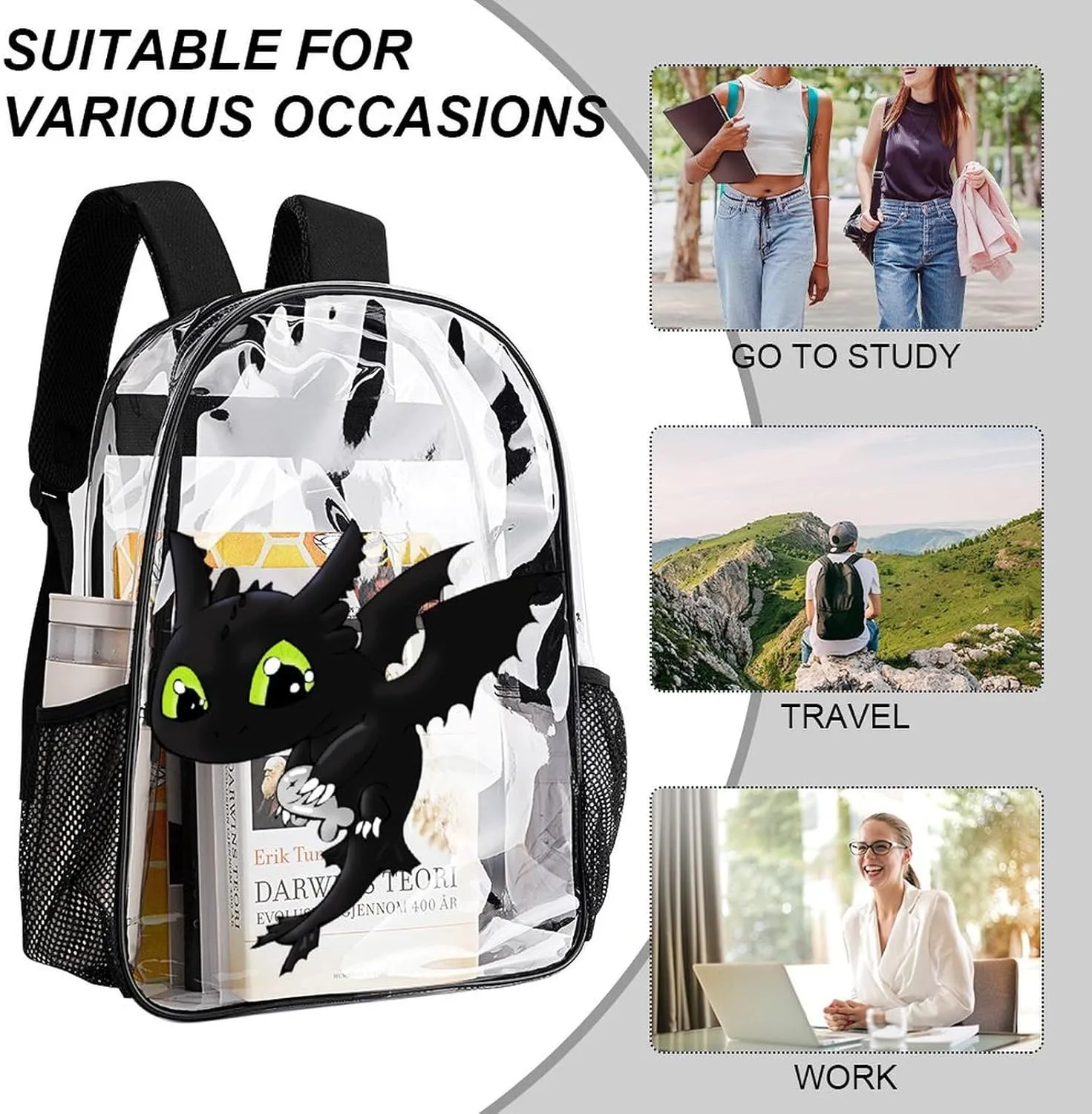 Clear Backpack Heavy Duty PVC Transparent Cartoon Dragon Backpack 17" Large Capacity See Through Bag for Work