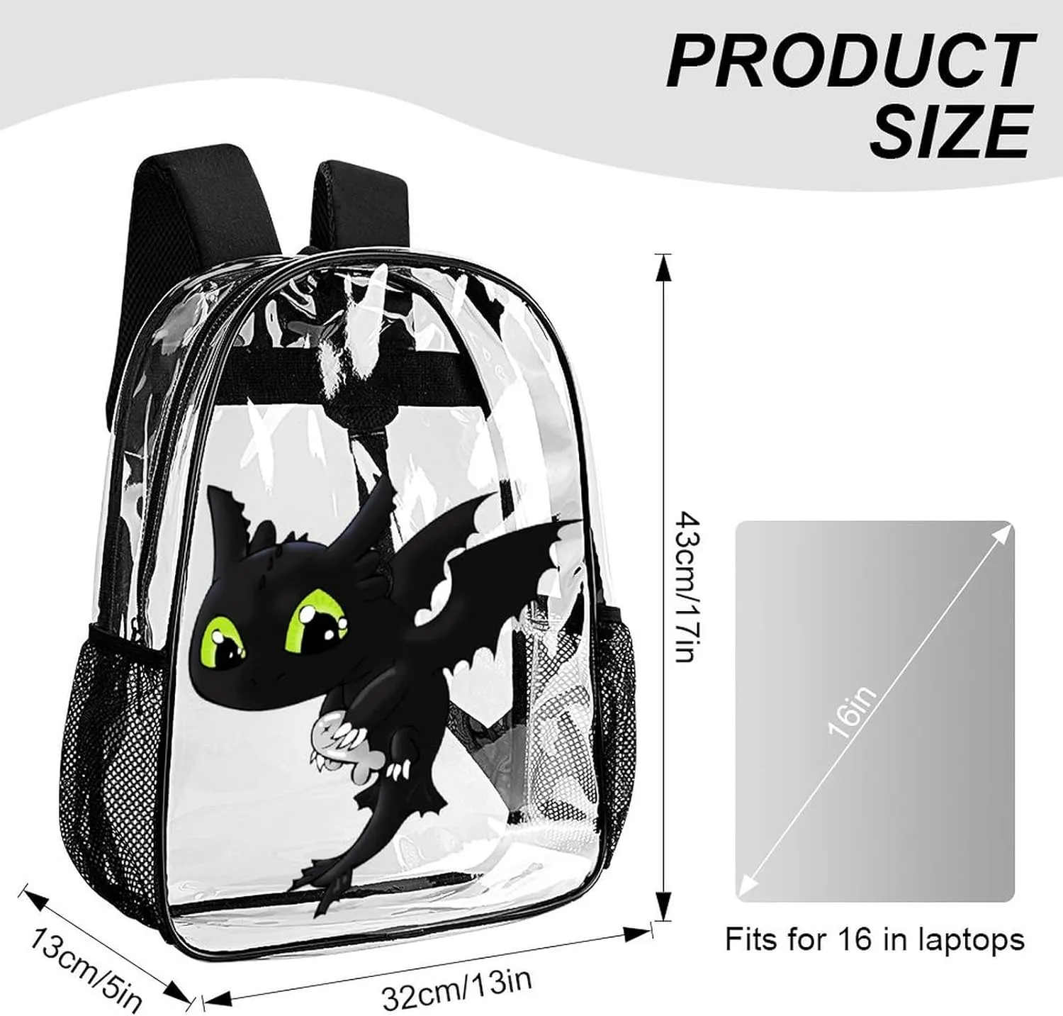 Clear Backpack Heavy Duty PVC Transparent Cartoon Dragon Backpack 17" Large Capacity See Through Bag for Work