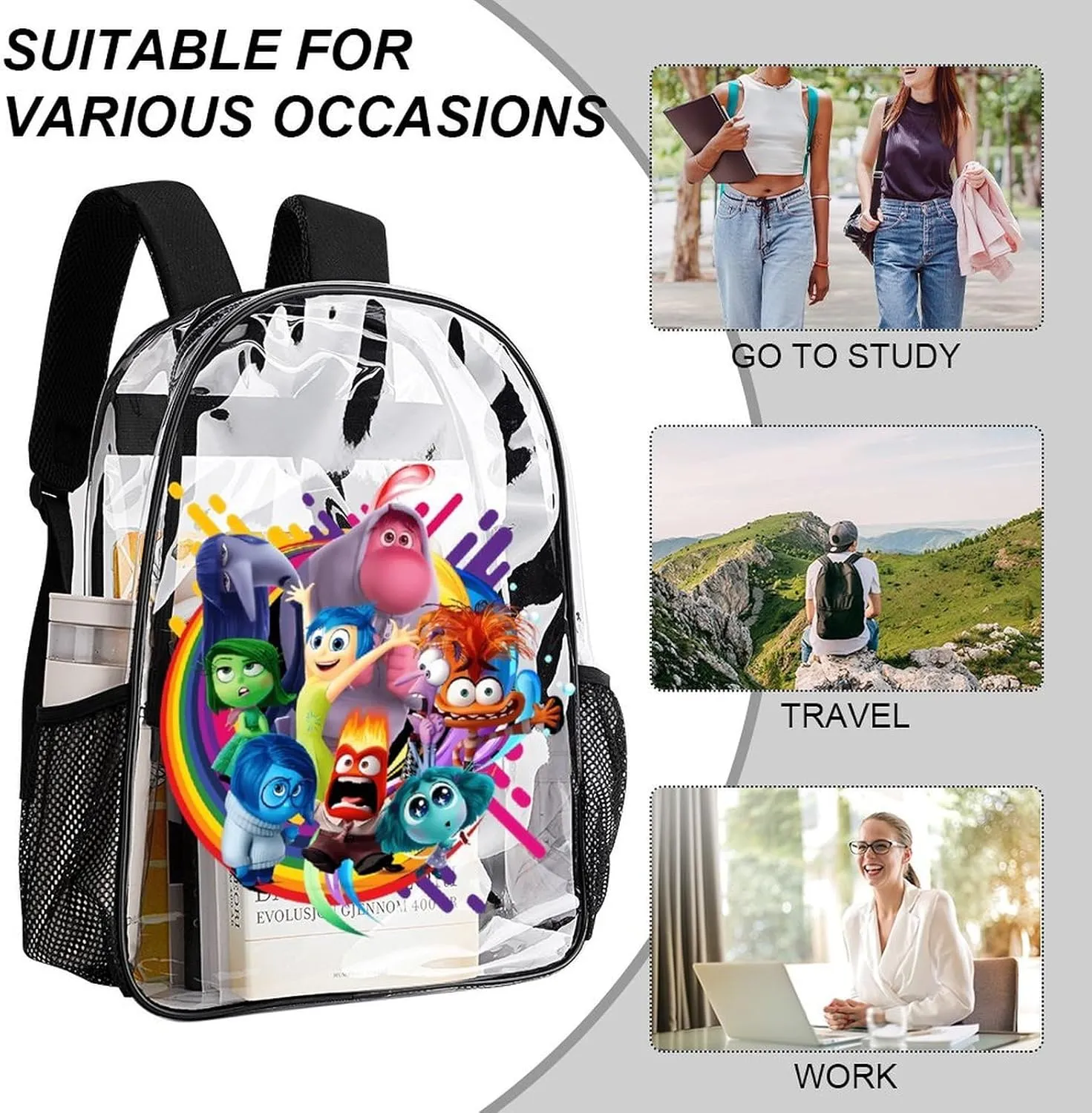 Clear Backpack Heavy Duty PVC Transparent Cartoon Emotion Backpack 17" Large Capacity See Through Bag for Travel
