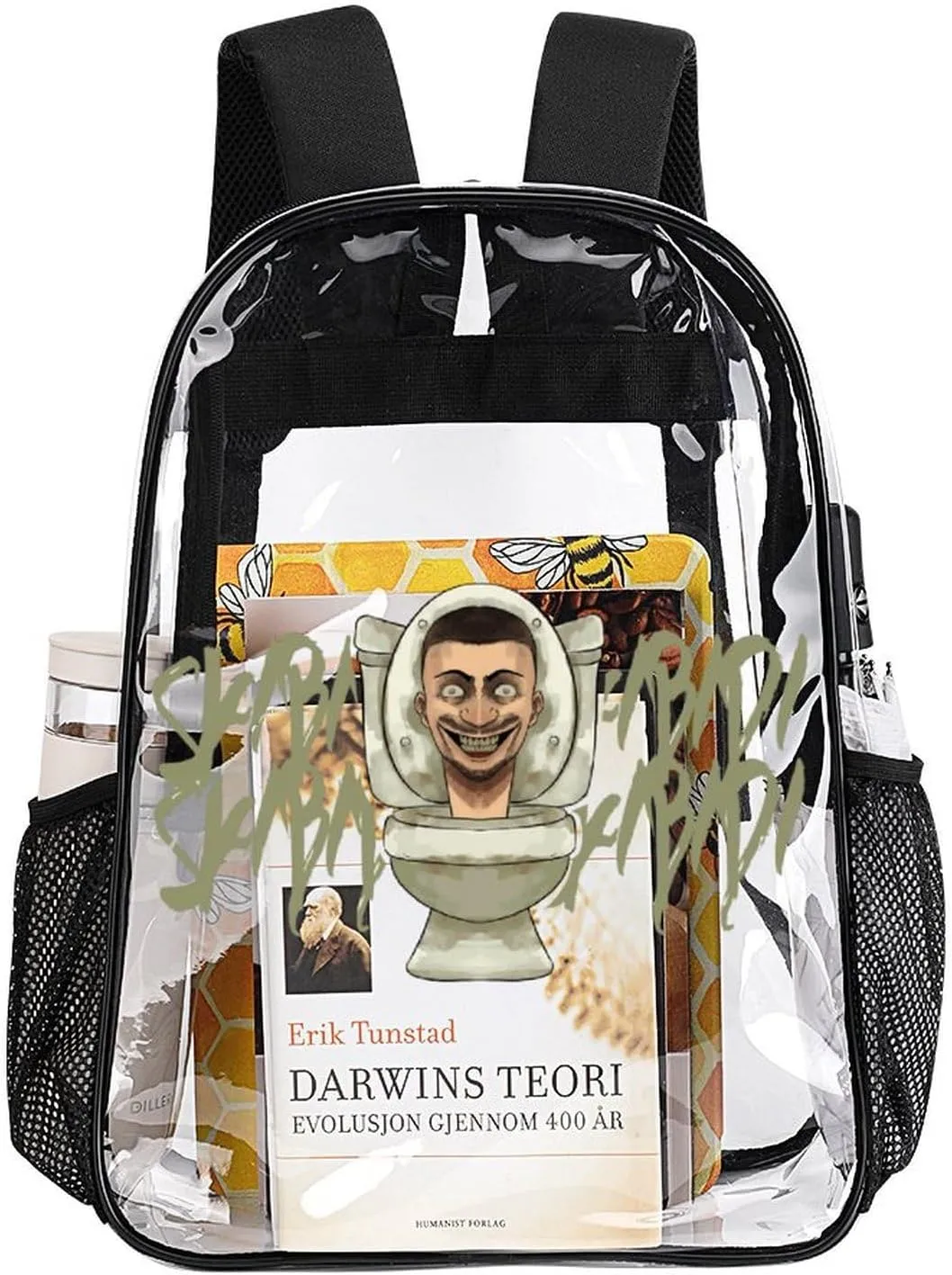 Clear Backpack Heavy Duty PVC Transparent Funny Backpack 17"" Large Capacity See Through Bag for College, 43x32x13cm, Style-4