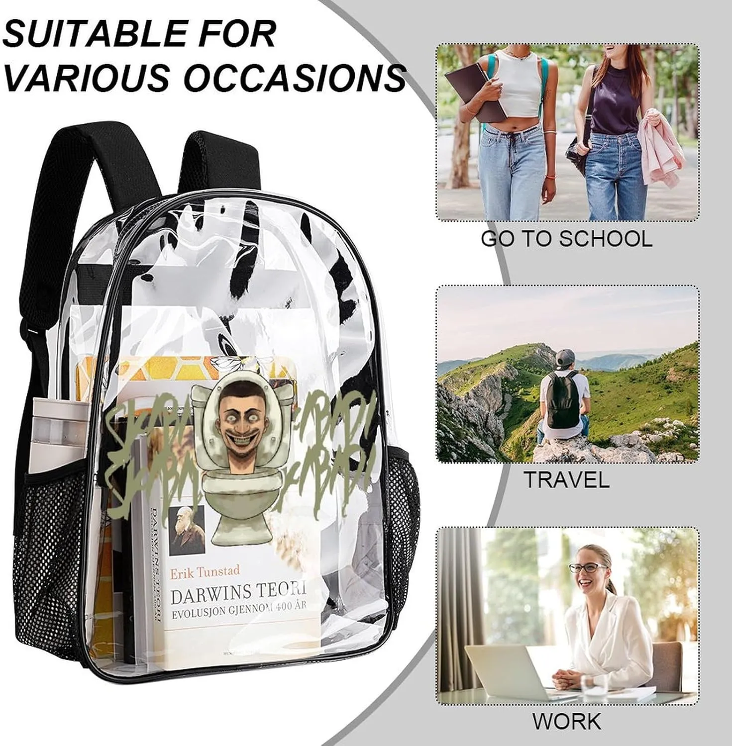 Clear Backpack Heavy Duty PVC Transparent Funny Backpack 17"" Large Capacity See Through Bag for College, 43x32x13cm, Style-4