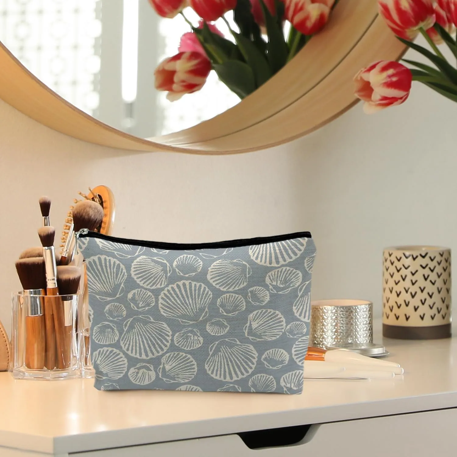 Coastal Beach Makeup Bag Aesthetic, Sea Shell Cosmetic Bag for Women, Beach Gifts for Women Friends, Gifts for a Beach Lover, Beach Vacation Gifts, Light Blue Beachy Makeup Pouch, white