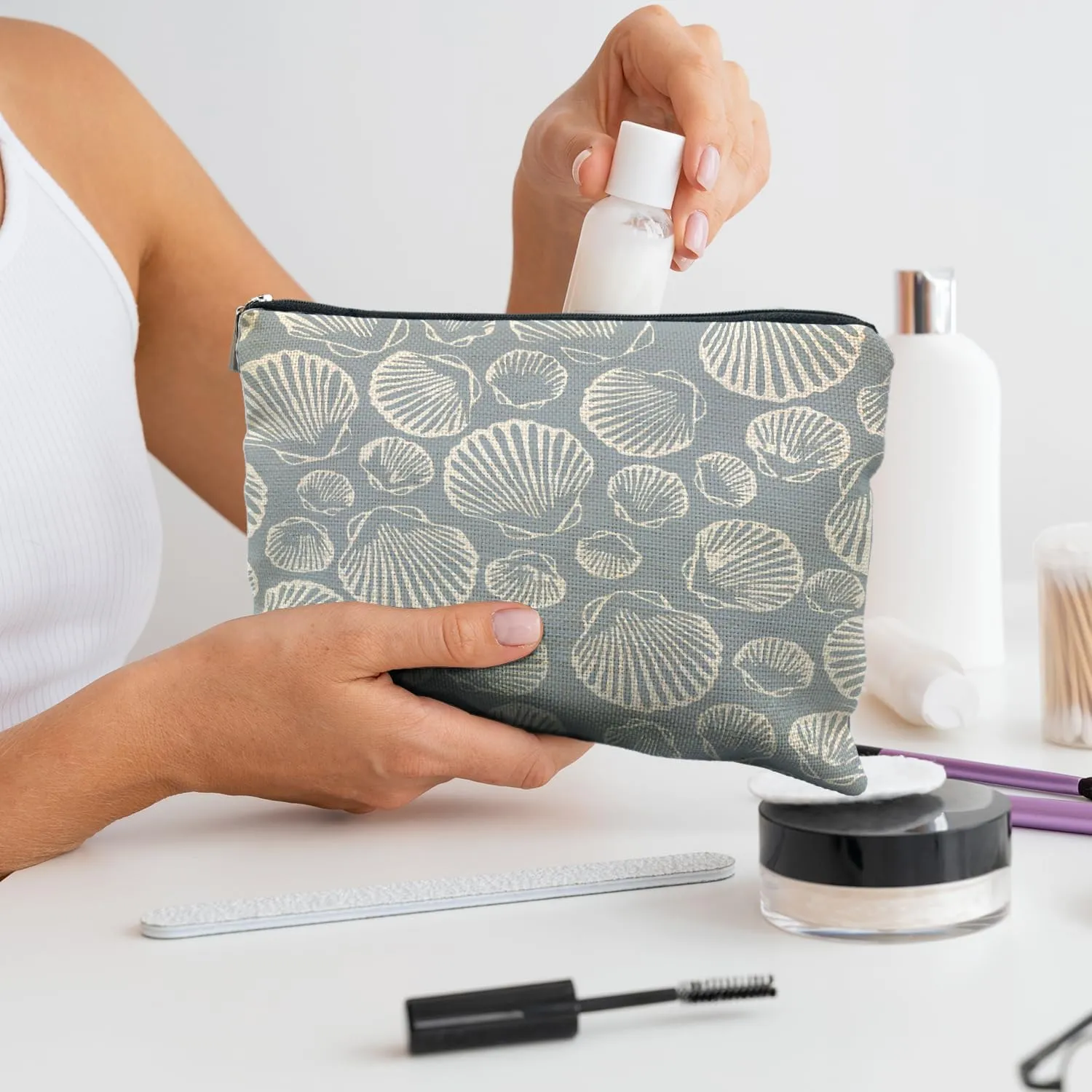 Coastal Beach Makeup Bag Aesthetic, Sea Shell Cosmetic Bag for Women, Beach Gifts for Women Friends, Gifts for a Beach Lover, Beach Vacation Gifts, Light Blue Beachy Makeup Pouch, white