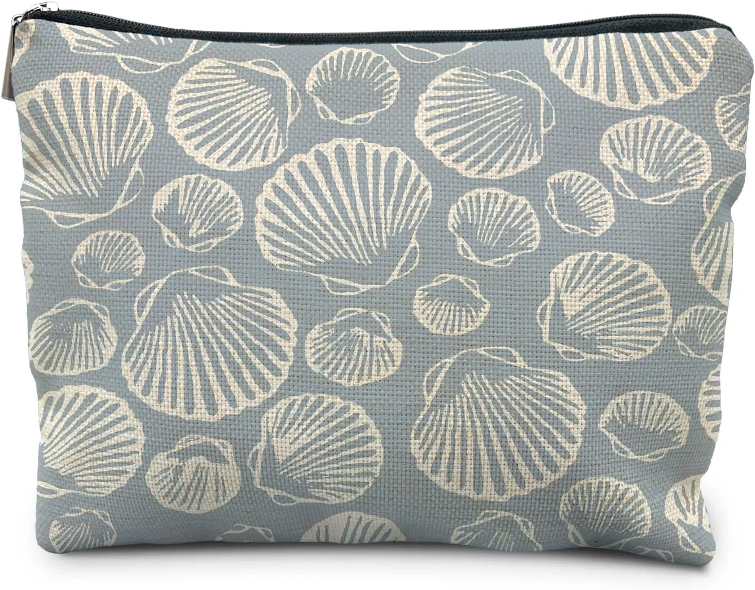 Coastal Beach Makeup Bag Aesthetic, Sea Shell Cosmetic Bag for Women, Beach Gifts for Women Friends, Gifts for a Beach Lover, Beach Vacation Gifts, Light Blue Beachy Makeup Pouch, white