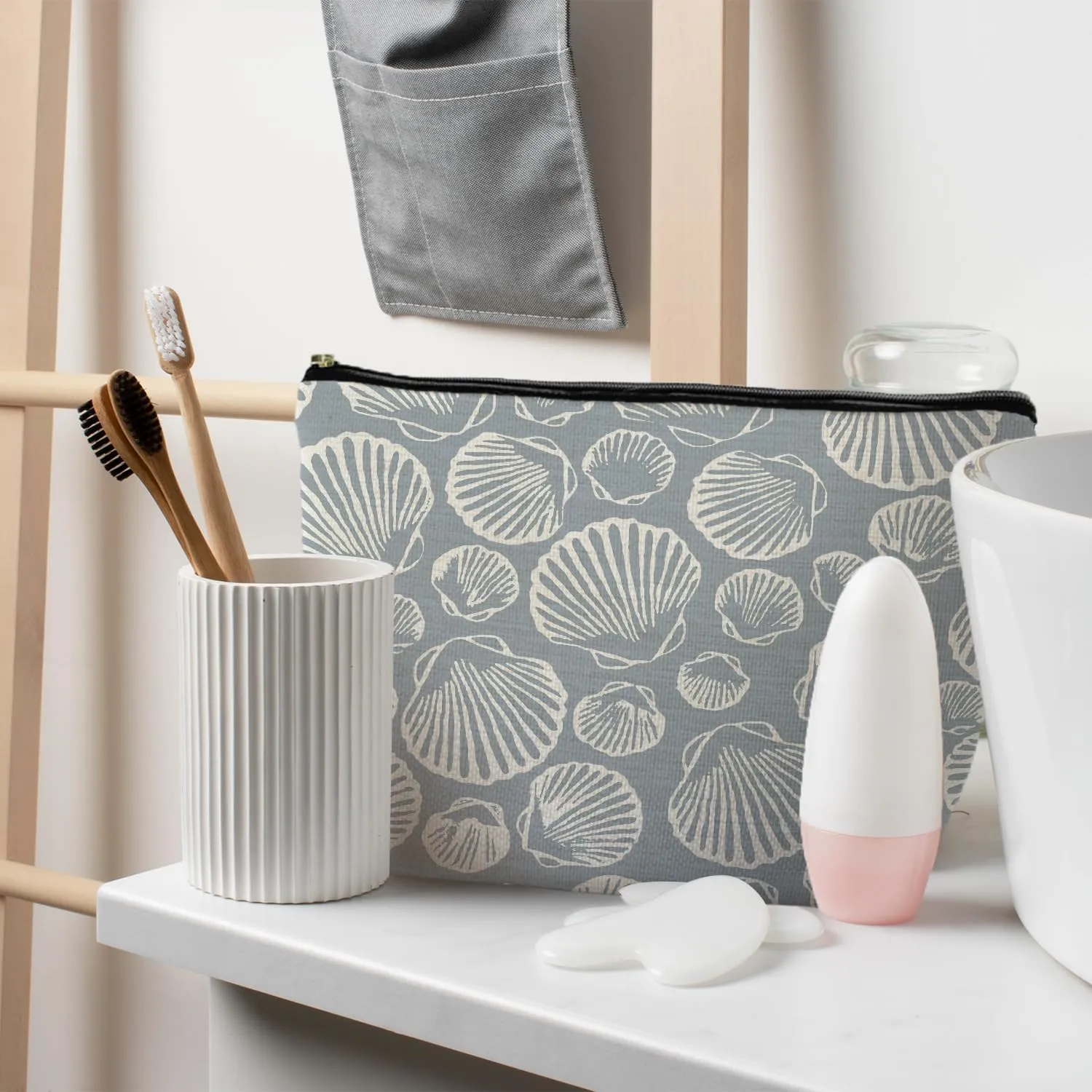 Coastal Beach Makeup Bag Aesthetic, Sea Shell Cosmetic Bag for Women, Beach Gifts for Women Friends, Gifts for a Beach Lover, Beach Vacation Gifts, Light Blue Beachy Makeup Pouch, white