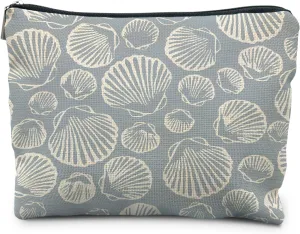Coastal Beach Makeup Bag Aesthetic, Sea Shell Cosmetic Bag for Women, Beach Gifts for Women Friends, Gifts for a Beach Lover, Beach Vacation Gifts, Light Blue Beachy Makeup Pouch, white