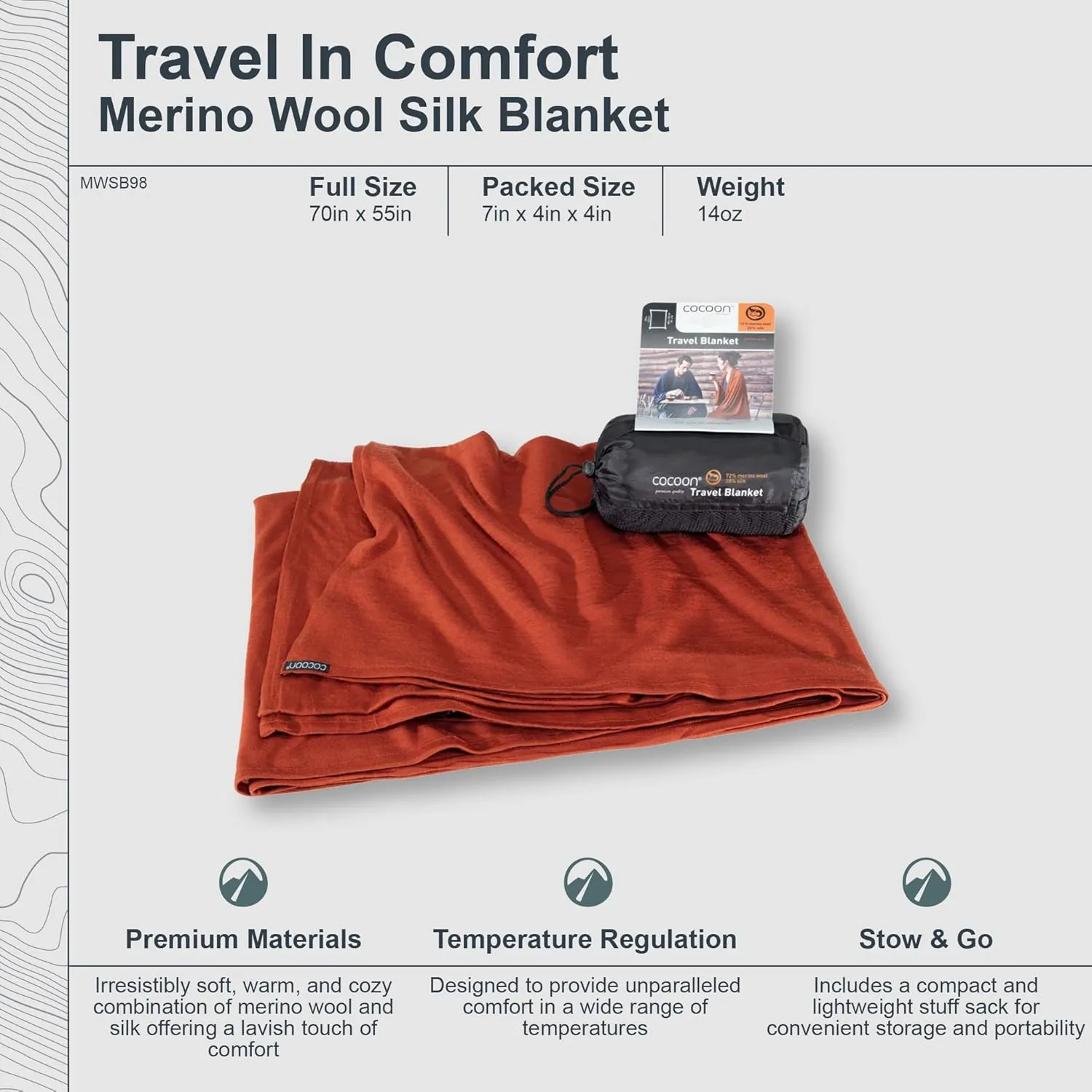 COCOON - Premium - Merino Wool/Silk Travel Blanket - Cozy, Soft, Warm, Lightweight - Dark Terracotta