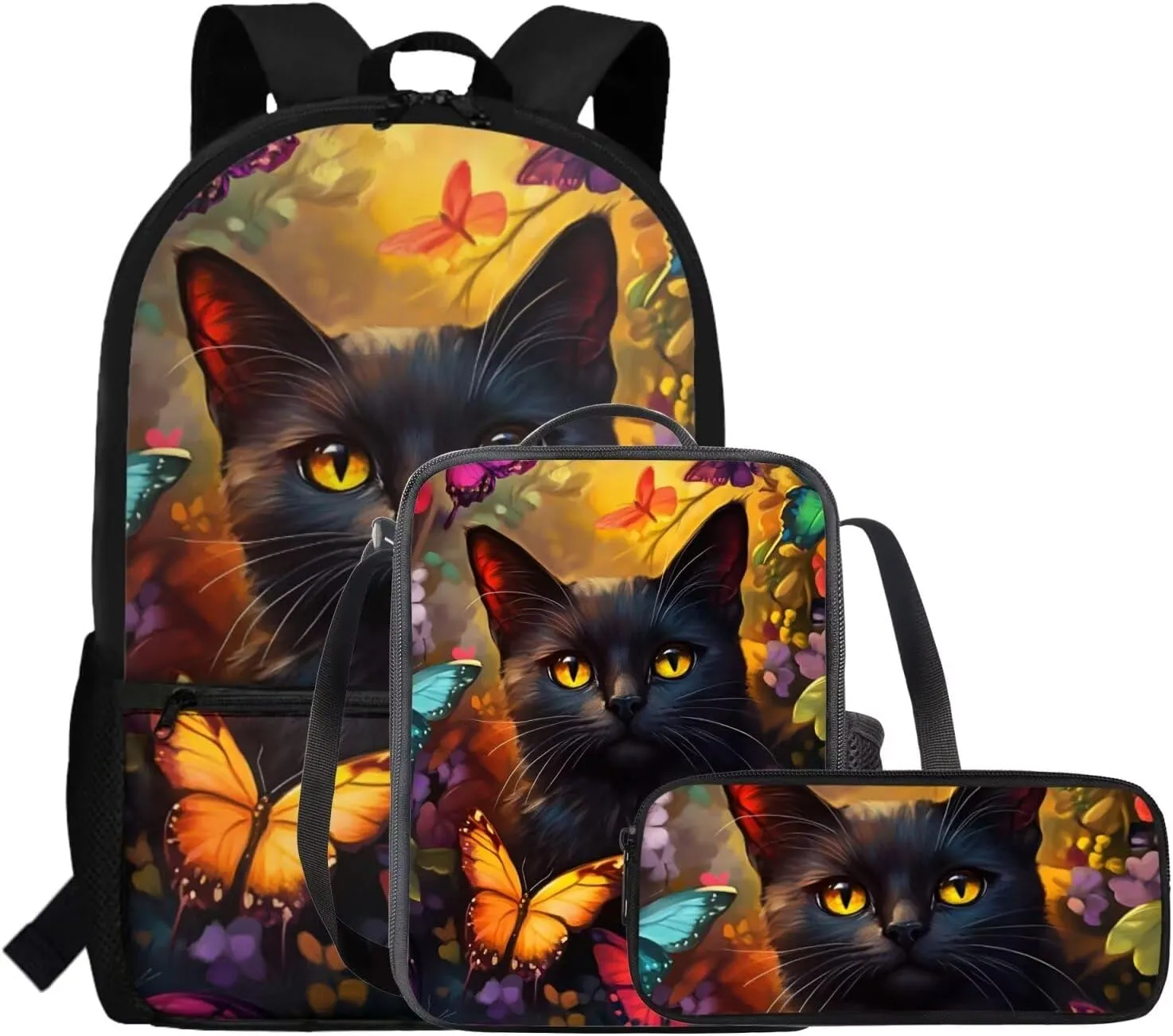 COEQINE Butterfly Bookbag with Lunch Box Set 3 Pcs Kids Backpack for School Bookbag Cute Book Bag for 6Th Grade Girls Shoulder Bag Set for Kids Back to School Gifts