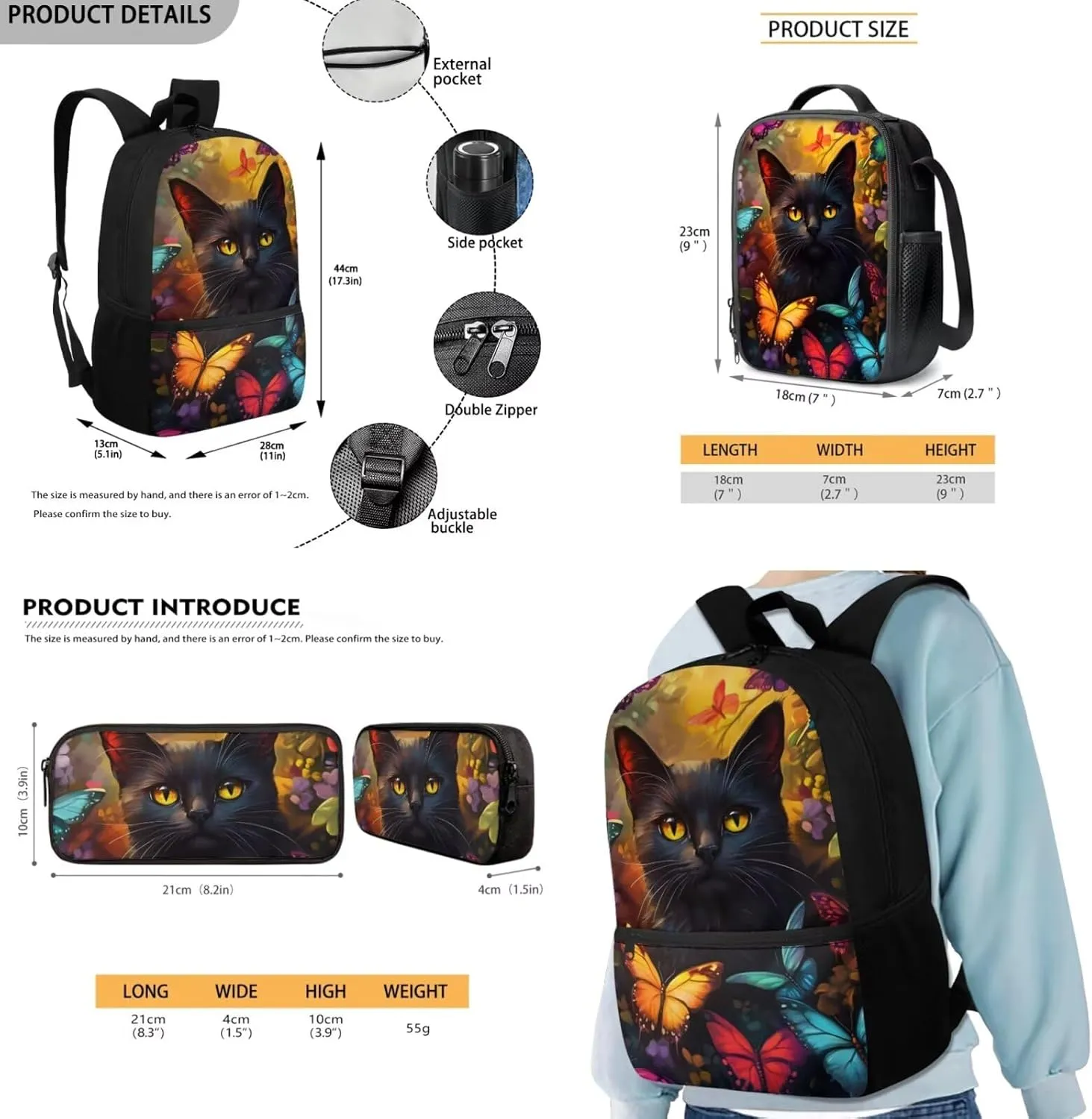 COEQINE Butterfly Bookbag with Lunch Box Set 3 Pcs Kids Backpack for School Bookbag Cute Book Bag for 6Th Grade Girls Shoulder Bag Set for Kids Back to School Gifts