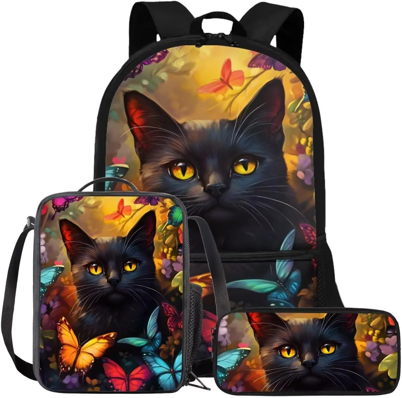 COEQINE Butterfly Bookbag with Lunch Box Set 3 Pcs Kids Backpack for School Bookbag Cute Book Bag for 6Th Grade Girls Shoulder Bag Set for Kids Back to School Gifts