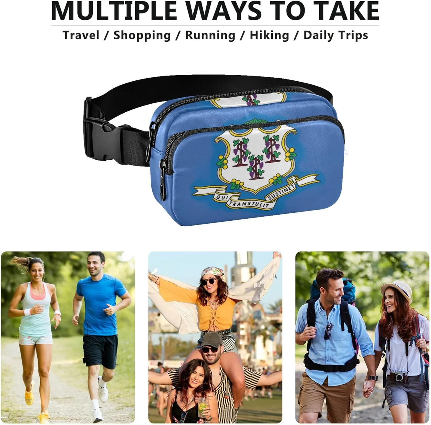 Connecticut State Flag Women Fanny Pack Large Hip Belt Bag Waterproof Hiking Waist Pouches for Men