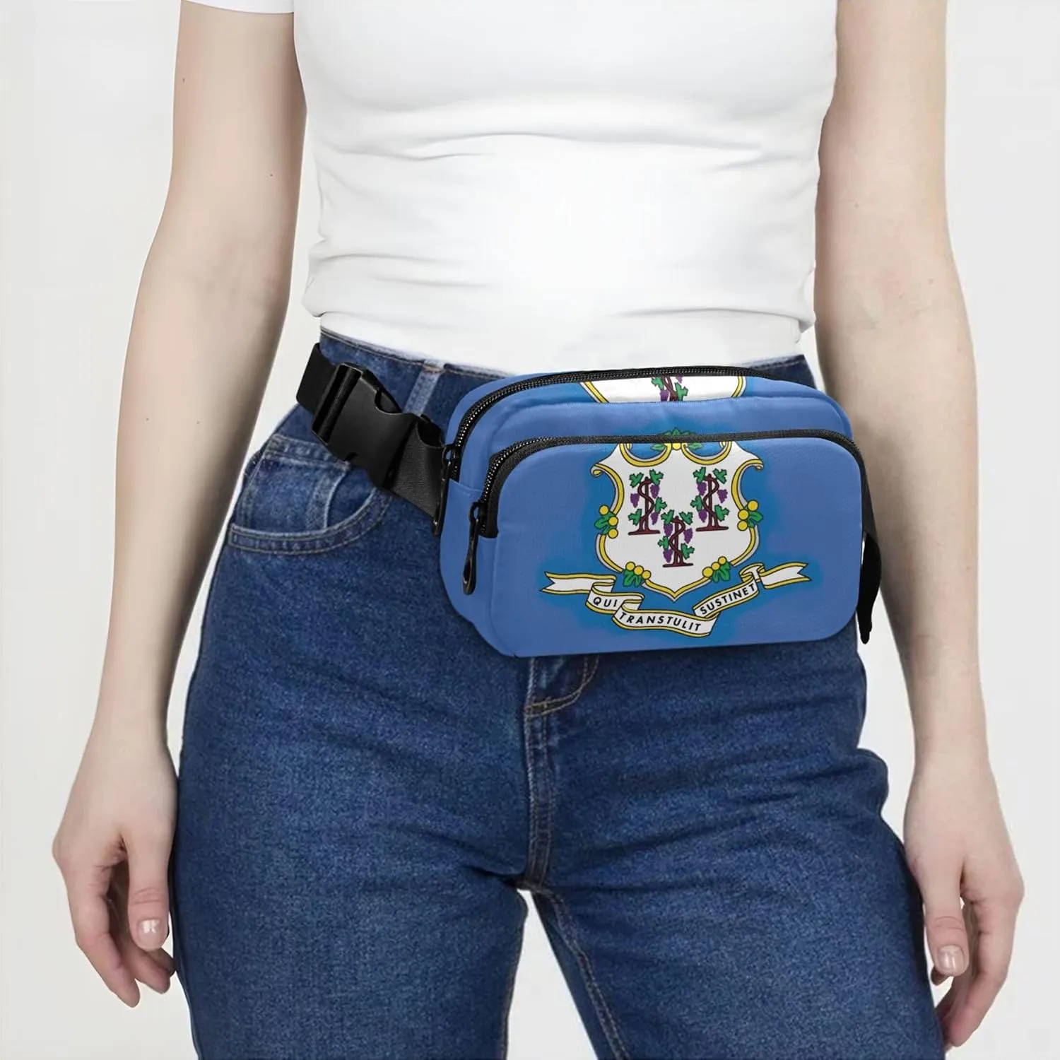 Connecticut State Flag Women Fanny Pack Large Hip Belt Bag Waterproof Hiking Waist Pouches for Men