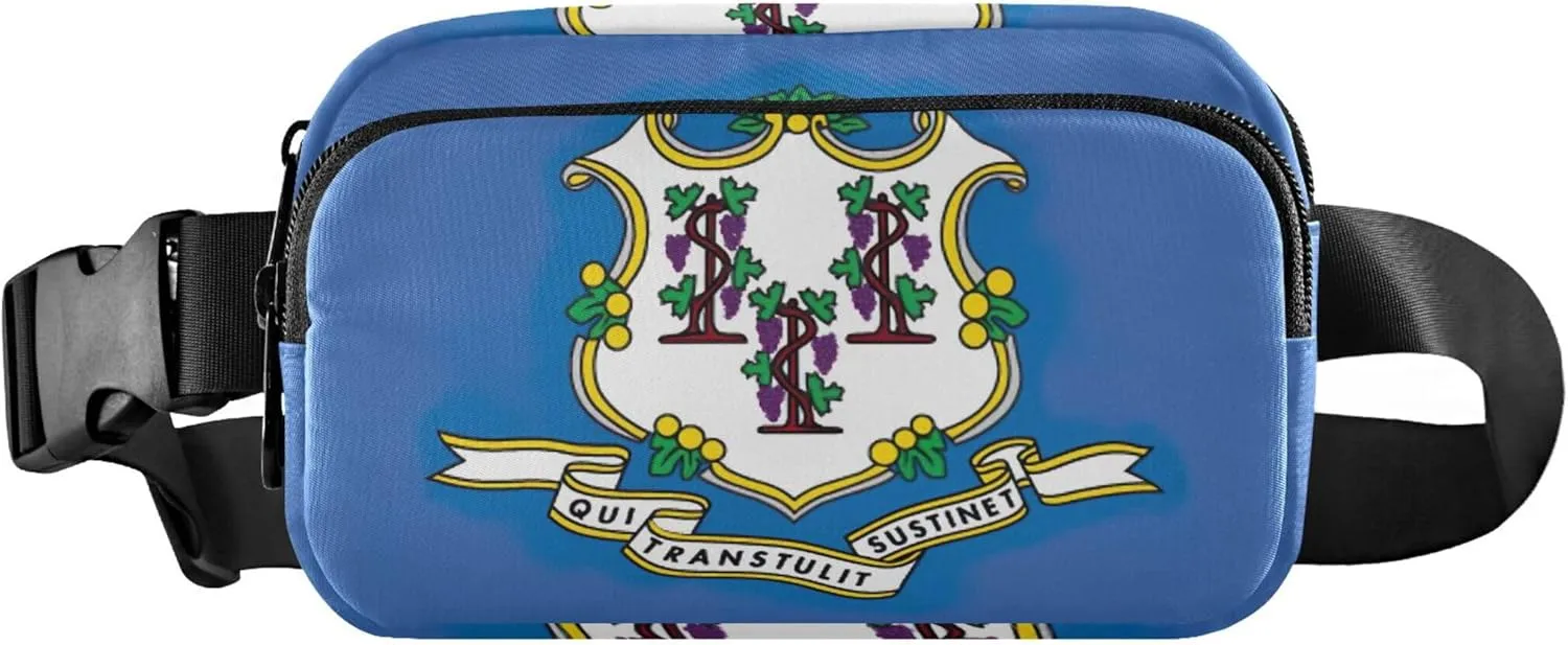 Connecticut State Flag Women Fanny Pack Large Hip Belt Bag Waterproof Hiking Waist Pouches for Men