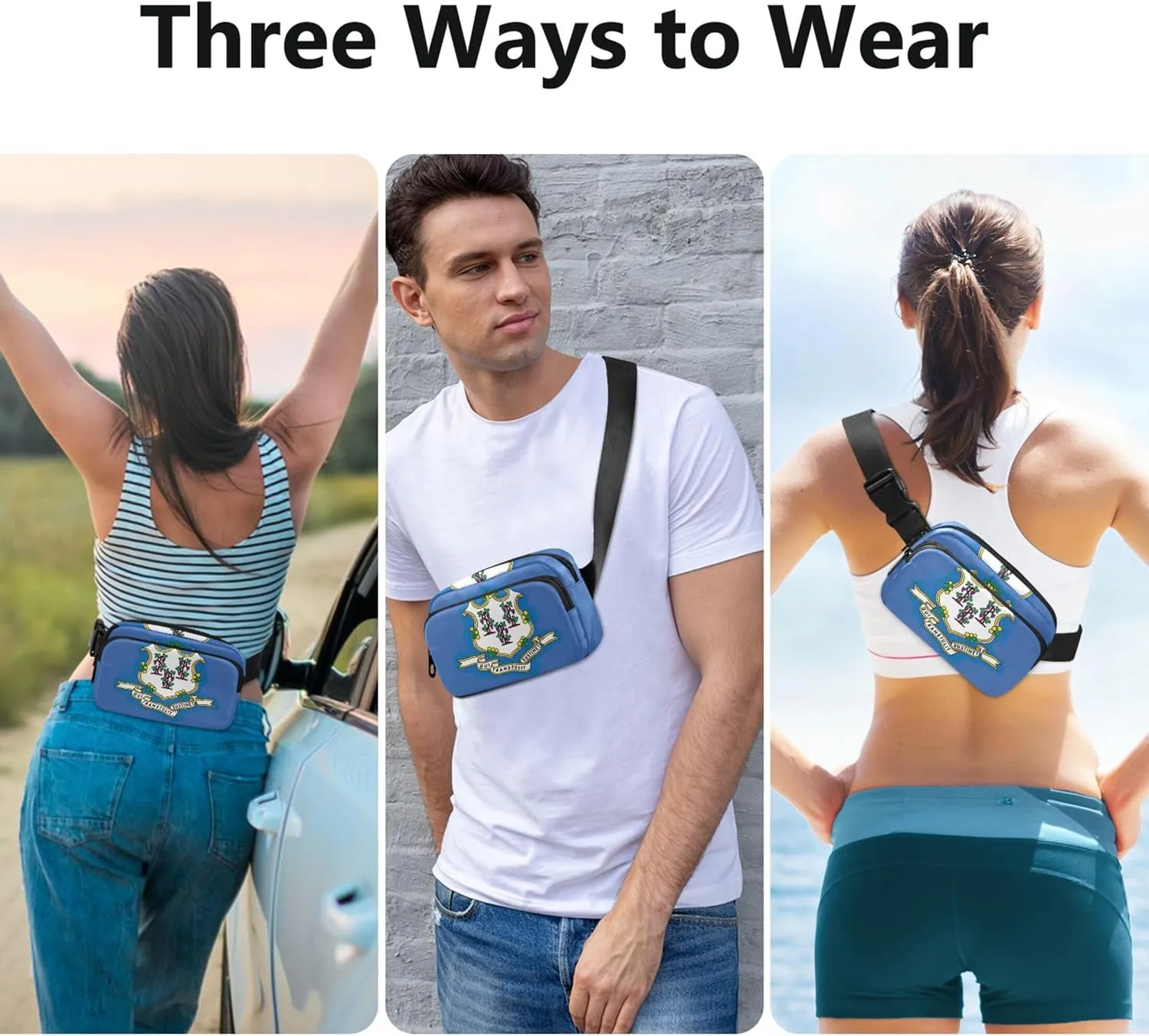 Connecticut State Flag Women Fanny Pack Large Hip Belt Bag Waterproof Hiking Waist Pouches for Men