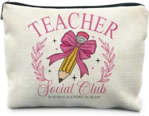 Coquette Hot Pink Bow Teacher Makeup Bag, Teacher Appreciation Gifts Cosmetic Bags for Women, End of Year Teachers Gifts, Teaching Is a Work of Heart Zipper Makeup Pouch for Teachers