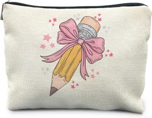 Coquette Pink Bow Teacher Makeup Bag, Teacher Appreciation Gifts Cosmetic Bags for Women, End of Year Teachers Gifts, Preppy Zipper Makeup Pouch for Teachers