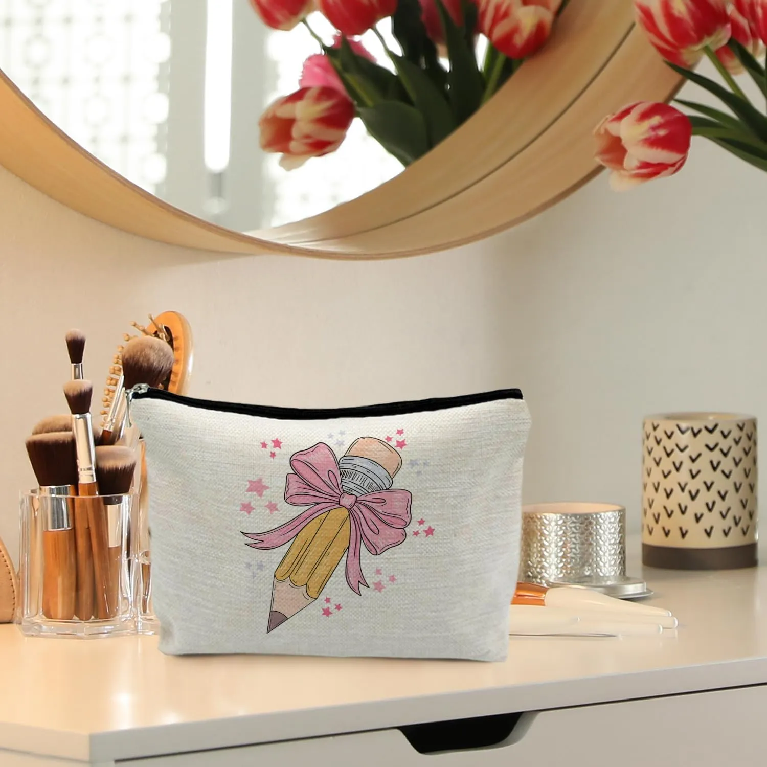 Coquette Pink Bow Teacher Makeup Bag, Teacher Appreciation Gifts Cosmetic Bags for Women, End of Year Teachers Gifts, Preppy Zipper Makeup Pouch for Teachers