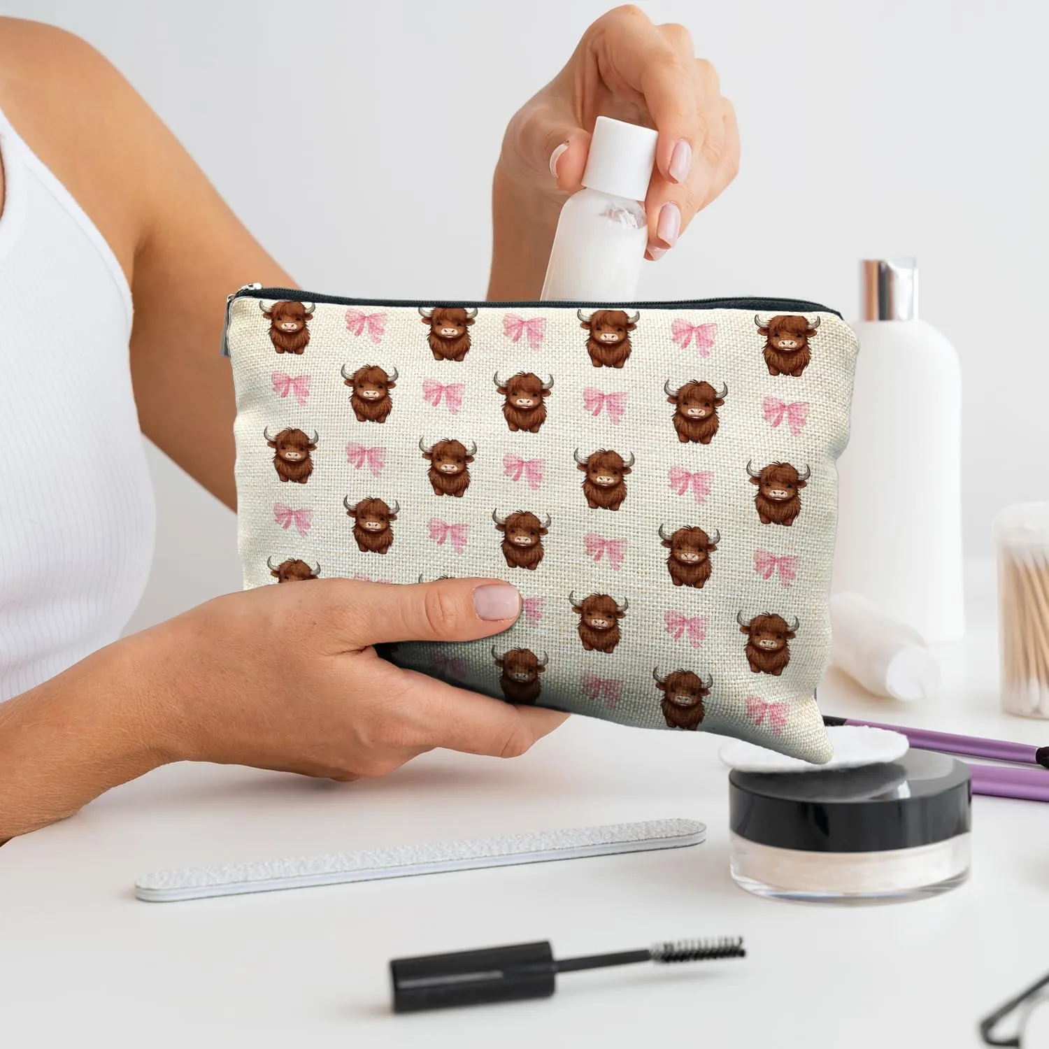 Coquette Pink Bow Western Cow Makeup Bag, Cowgirl & Country Girl Gifts, Western Makeup Pouch Cosmetic Bag
