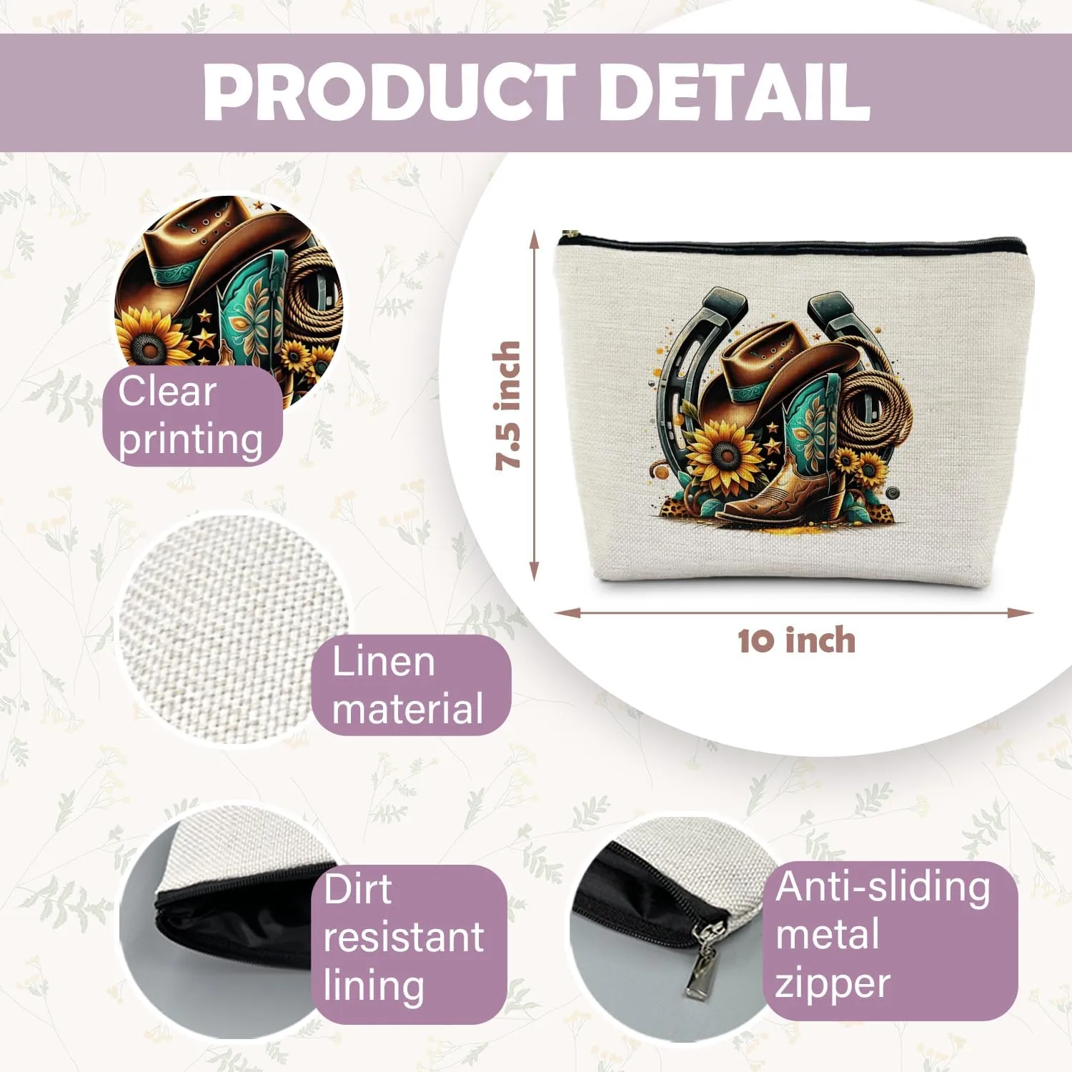 Country Girl Sunflower Makeup Bag - Cowgirl Boots Cosmetic Toiletry Pouch for Women - Western Gift