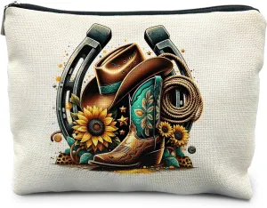 Country Girl Sunflower Makeup Bag - Cowgirl Boots Cosmetic Toiletry Pouch for Women - Western Gift