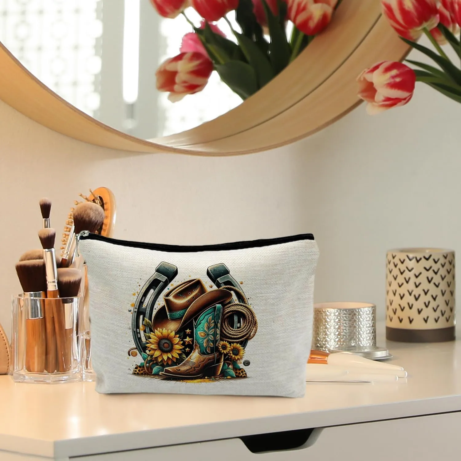 Country Girl Sunflower Makeup Bag - Cowgirl Boots Cosmetic Toiletry Pouch for Women - Western Gift