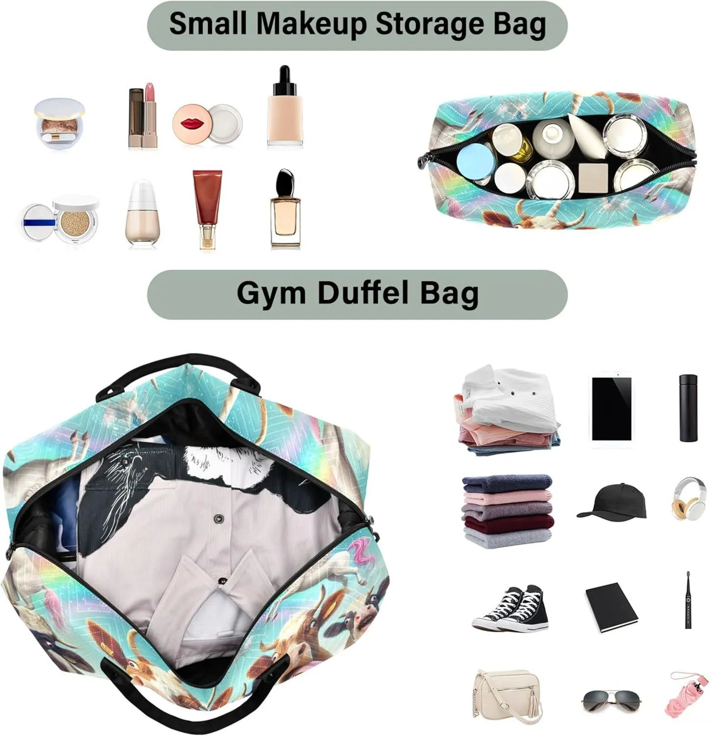 Cows Cattle Cute Duffel Bags for Traveling Make up Bags Set of 2, Print Women Small Gym Bag Carry on Duffel Bag