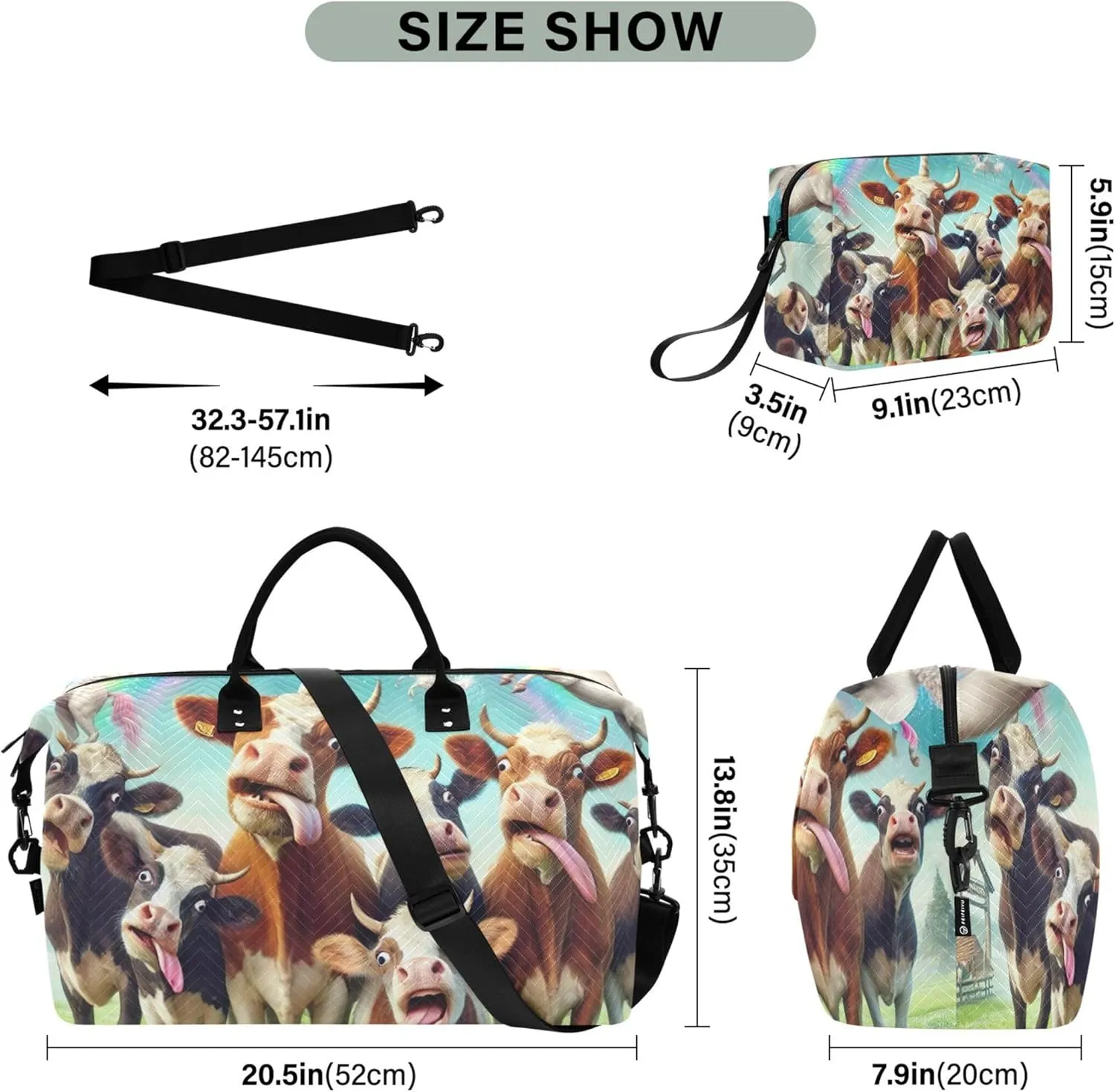 Cows Cattle Cute Duffel Bags for Traveling Make up Bags Set of 2, Print Women Small Gym Bag Carry on Duffel Bag