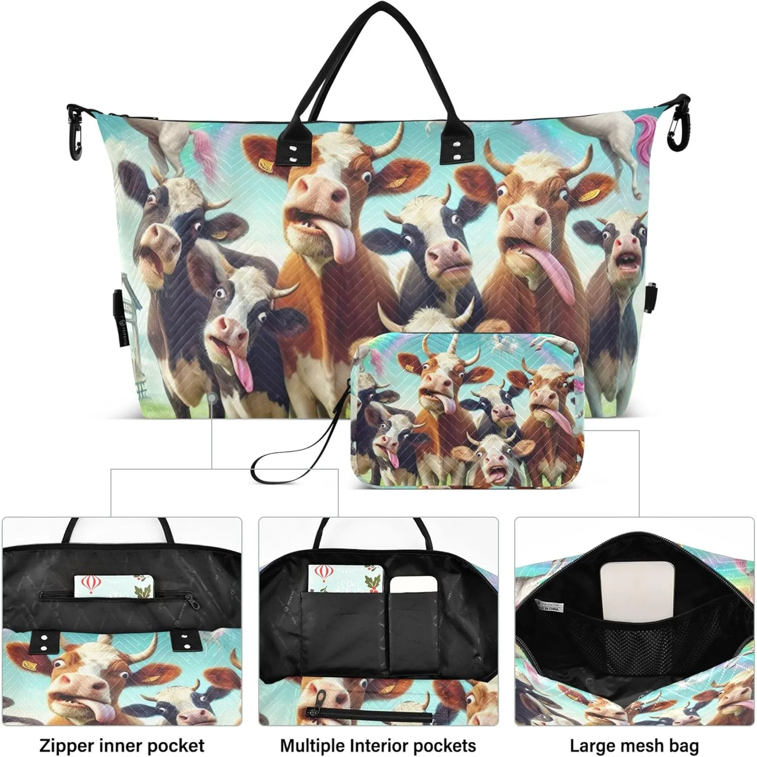 Cows Cattle Cute Duffel Bags for Traveling Make up Bags Set of 2, Print Women Small Gym Bag Carry on Duffel Bag