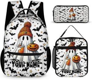 Custom Halloween Backpack with Lunch Box & Pencil Case for Kids Girls Boys School, 16 Inch Scary Halloween Bookbag, School Backpacks for Students Children, Lightweight, Large Capacity
