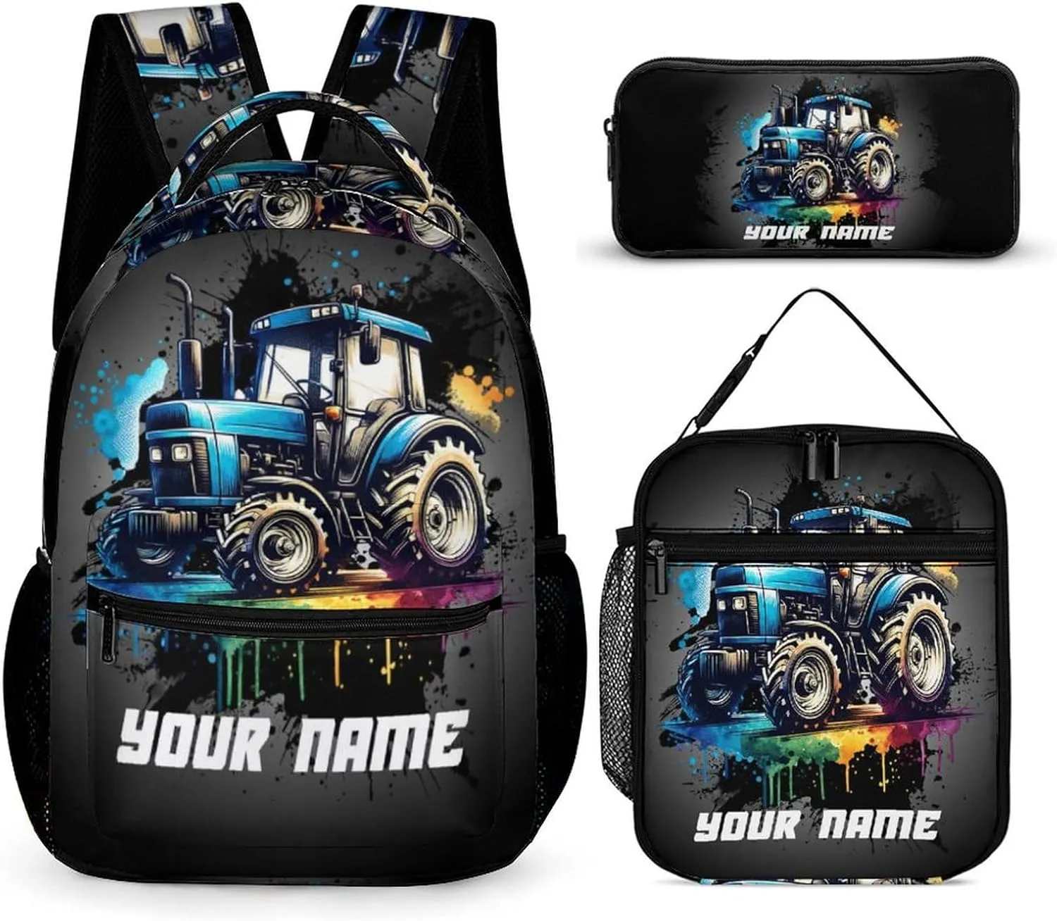 Custom Tractor Backpack with Lunch Bag & Pencil Case, 16 Inch Cute Tractors Bookbag for Kids Girls Boys School, Daily Casual School Backpacks for Students Children, Lightweight