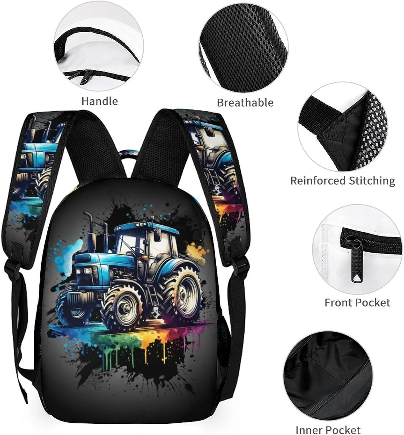 Custom Tractor Backpack with Lunch Bag & Pencil Case, 16 Inch Cute Tractors Bookbag for Kids Girls Boys School, Daily Casual School Backpacks for Students Children, Lightweight