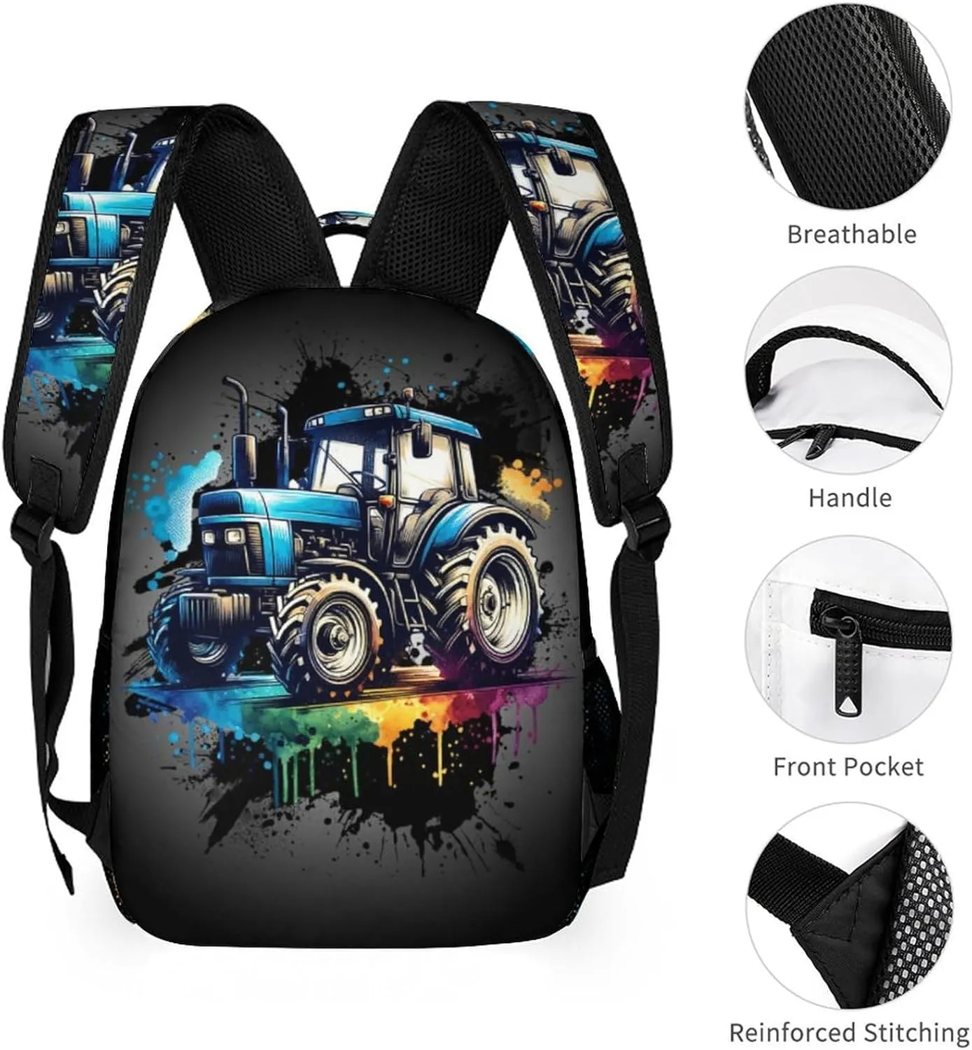 Custom Tractor School Backpack, 16 Inch Cute Tractors Themed Bookbag for Kids Girls Boys, Daily School Backpacks for Students Children, Lightweight, Large Capacity