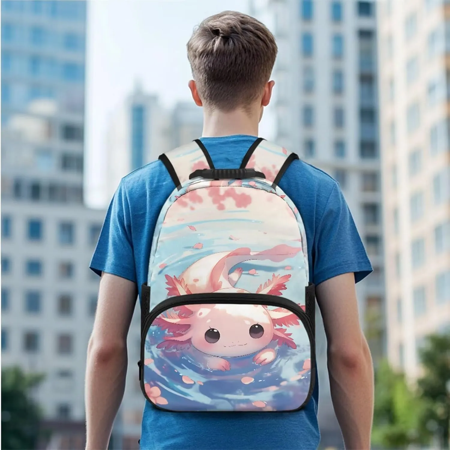 Cute Backpack School Bag Set for Kids Axolotl Backpacks for Girls Insulated Lunch Bag Pencil Case Bag 3 Pieces Student Daypack Set