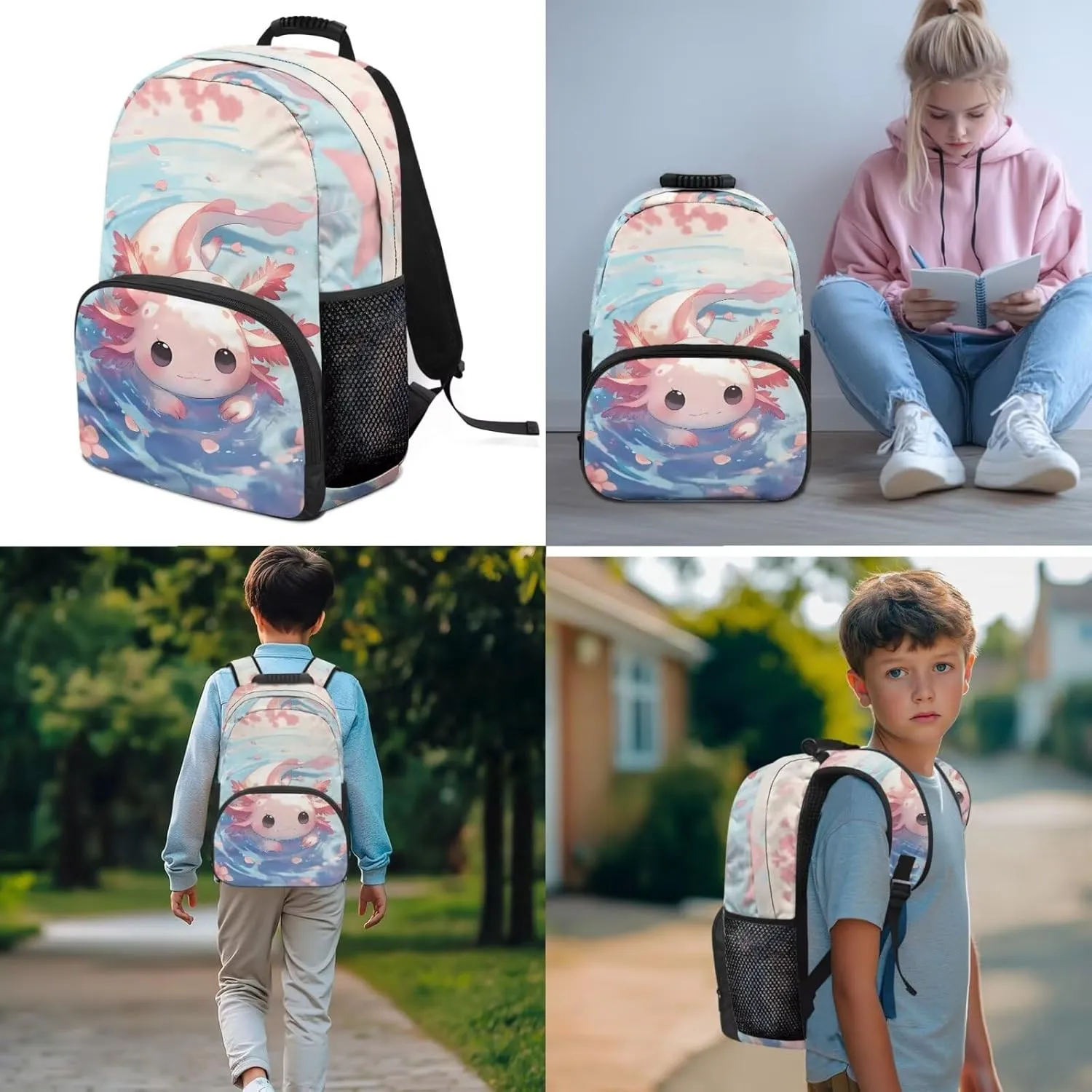 Cute Backpack School Bag Set for Kids Axolotl Backpacks for Girls Insulated Lunch Bag Pencil Case Bag 3 Pieces Student Daypack Set
