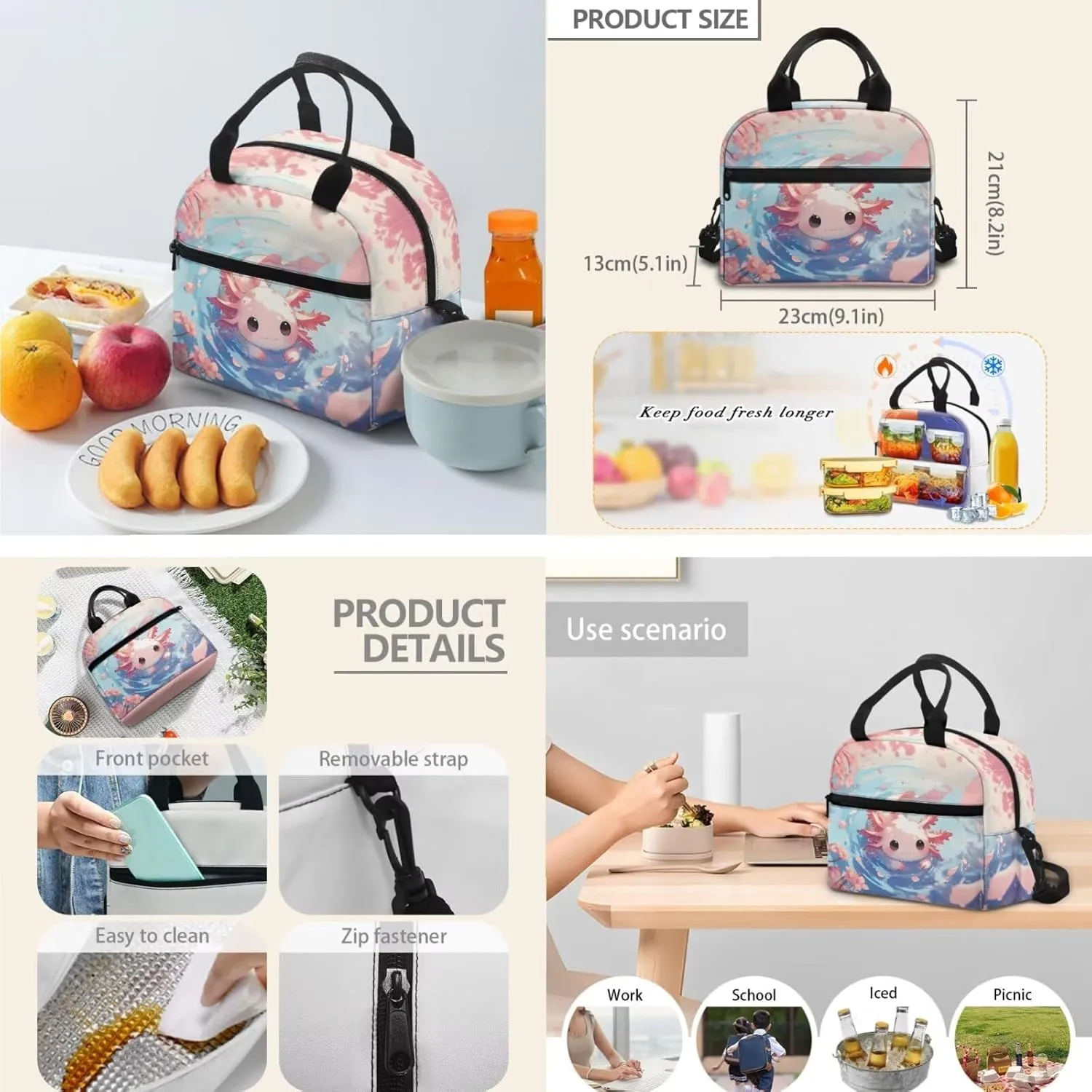 Cute Backpack School Bag Set for Kids Axolotl Backpacks for Girls Insulated Lunch Bag Pencil Case Bag 3 Pieces Student Daypack Set