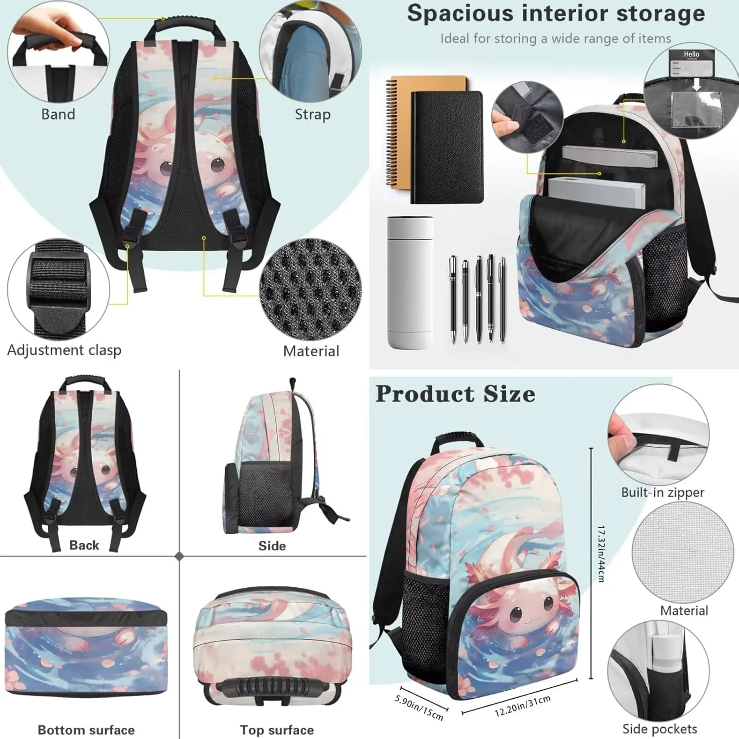Cute Backpack School Bag Set for Kids Axolotl Backpacks for Girls Insulated Lunch Bag Pencil Case Bag 3 Pieces Student Daypack Set