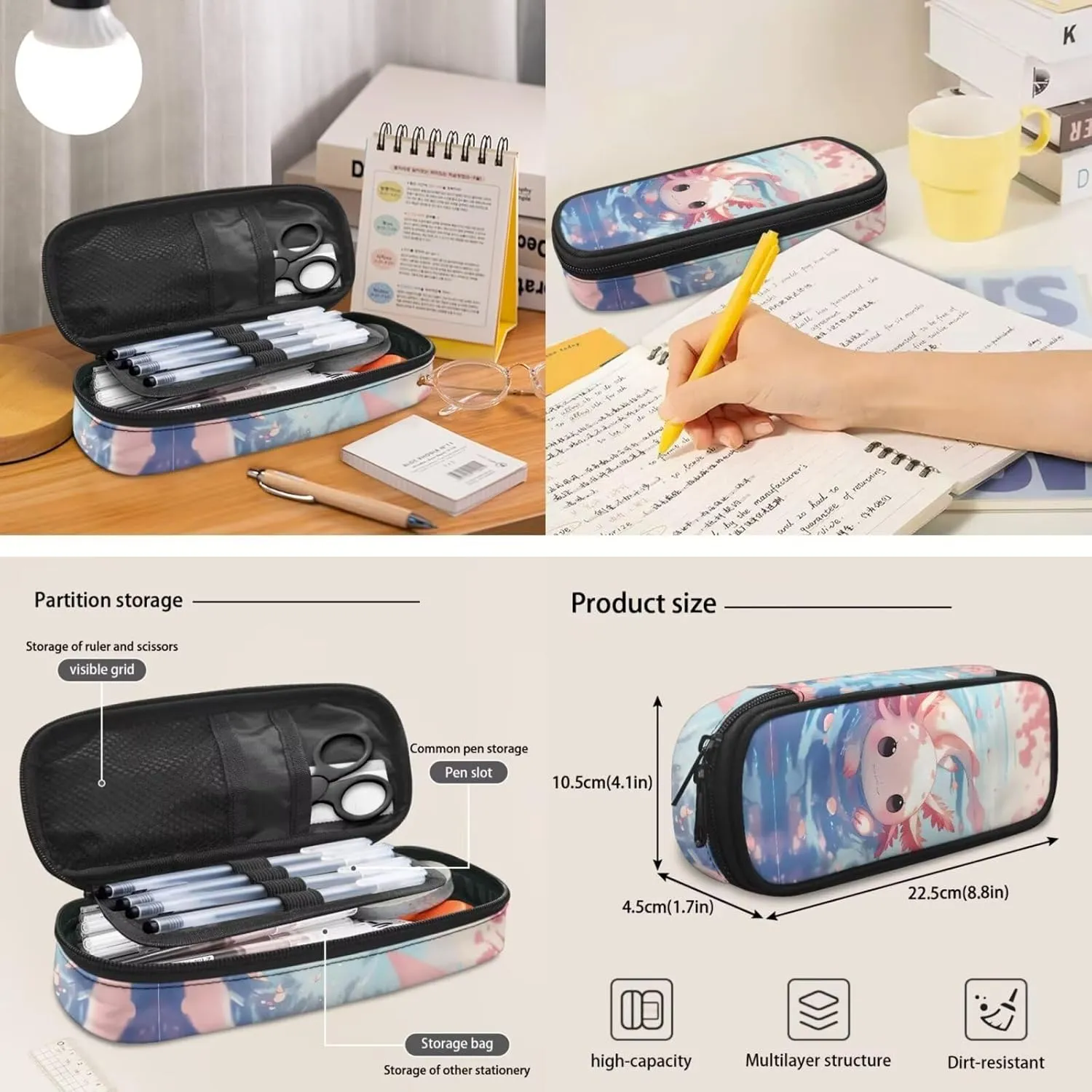 Cute Backpack School Bag Set for Kids Axolotl Backpacks for Girls Insulated Lunch Bag Pencil Case Bag 3 Pieces Student Daypack Set