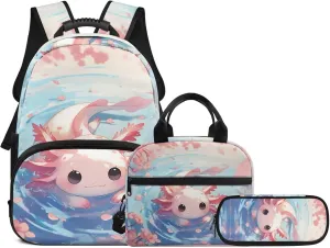 Cute Backpack School Bag Set for Kids Axolotl Backpacks for Girls Insulated Lunch Bag Pencil Case Bag 3 Pieces Student Daypack Set